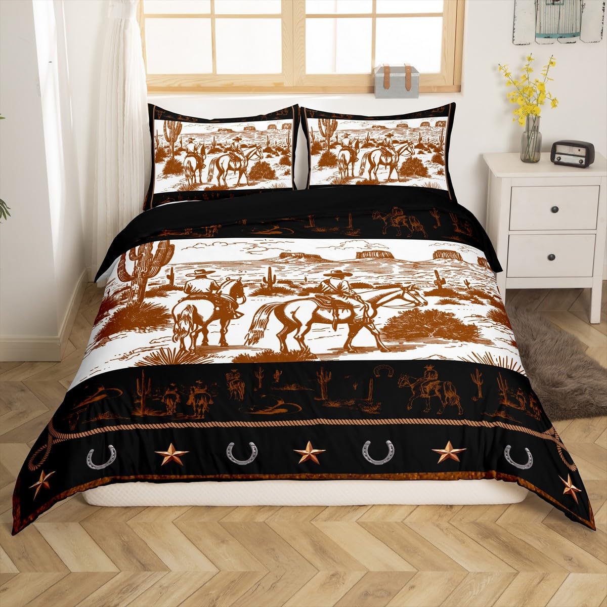 Manfei Western Cowboy Duvet Cover Set Queen Size, Cowboy Horse Western Bedding Set 3pcs, Wild West Cactus Farmhouse Brown Quilt Cover, Kids Boys Teens Room Decor, 2 Pillowcases, No Comforter