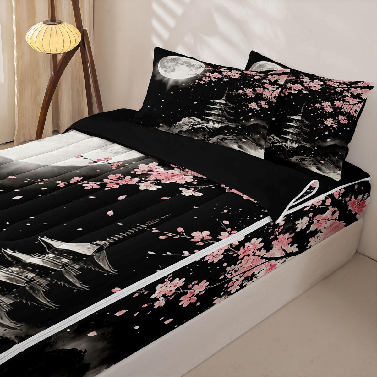 Feelyou Cherry Blossom Zipper Bedding for Kids Full Size Japanese Anime Bed in a Bag with Sheets, Comforter, Pillowcases Flower Floral Comforter Set for Boys Girls Bedding Sets Durable
