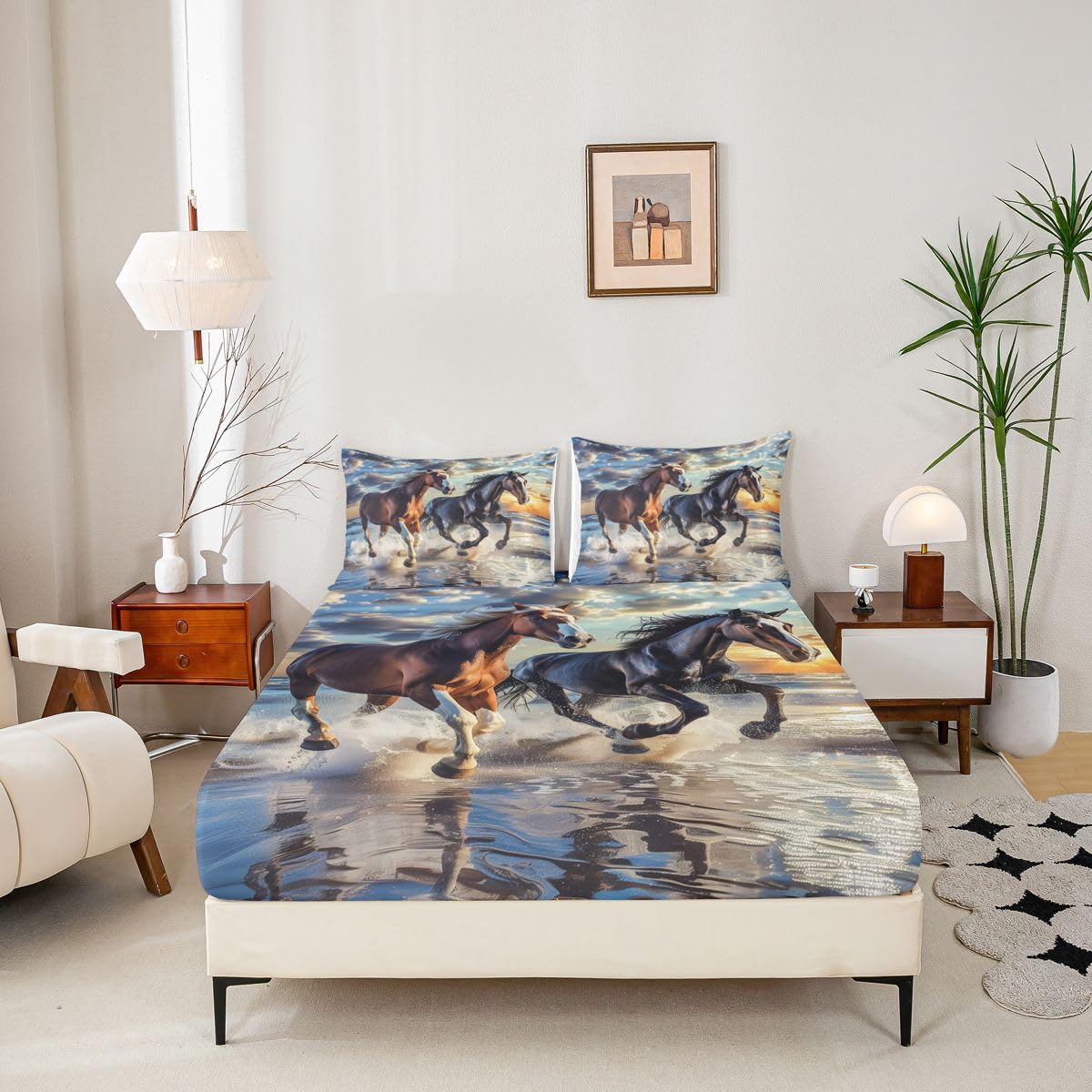 jejeloiu Horse Bed Sheets Set Queen Size Galloping Horse Bed Set for Kids Boys Girls Cute Animal Decor Deep Pocket Fitted Sheet Western Farmhouse Breathable Soft Lightweight Microfiber