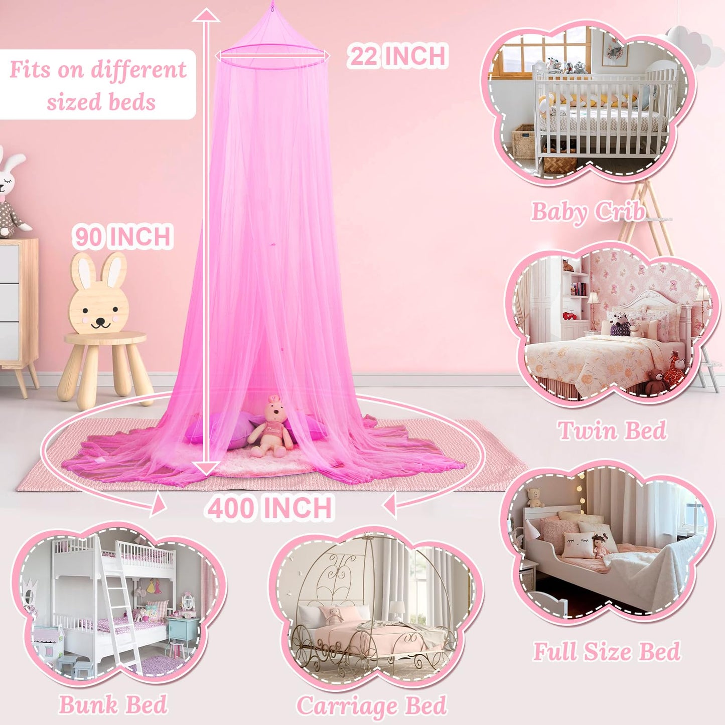 South to East Pink Bed Canopy for Girls, Princess Bed Canopy for Kids Room, Mosquito Net Canopy Girls Beds, Fire Retardant Fabric
