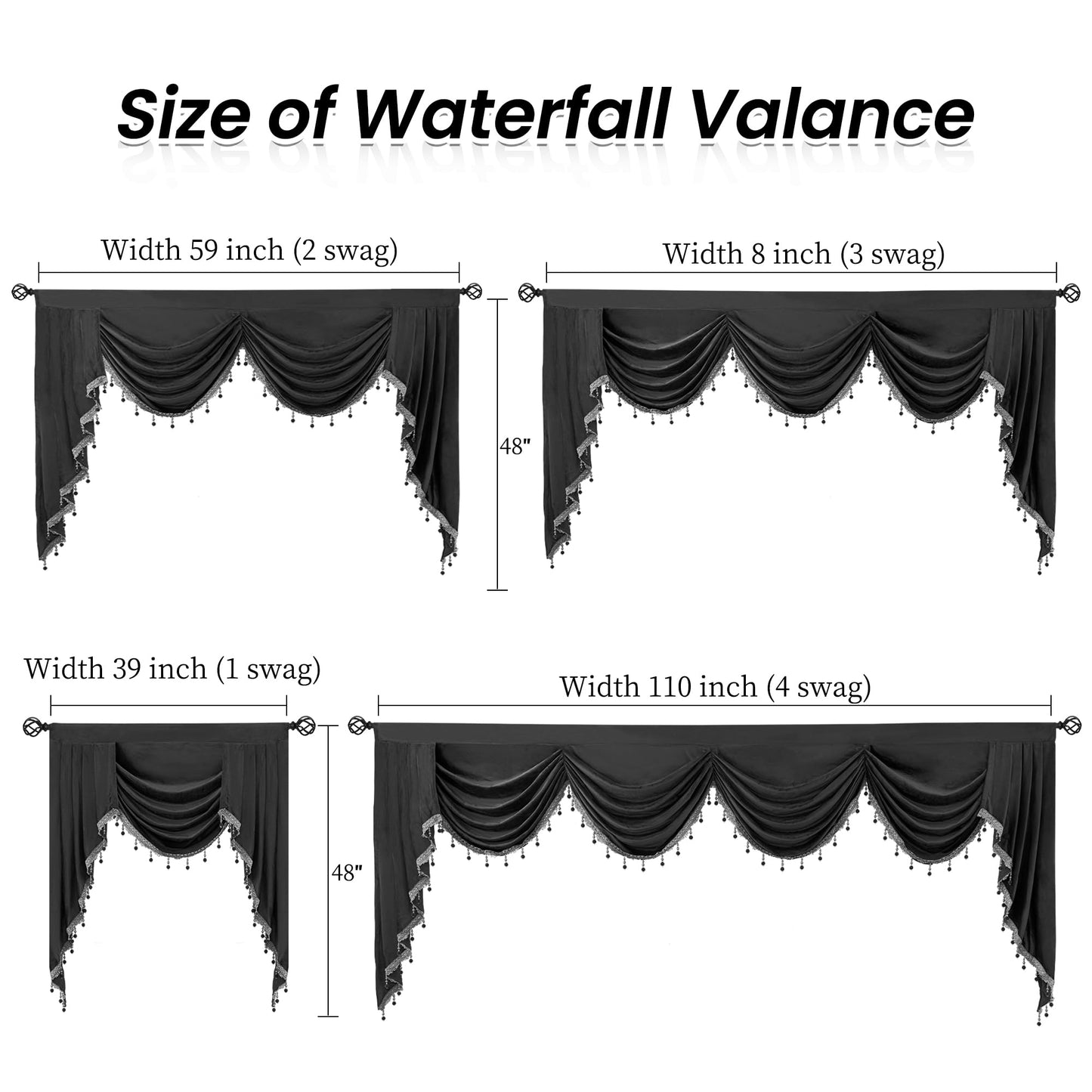Phating Velvet Waterfall Swag Valance for Bedroom, Valances with Tassels for Living Room Rod Pocket Valances (1 Panel, Grey, W39 inches)
