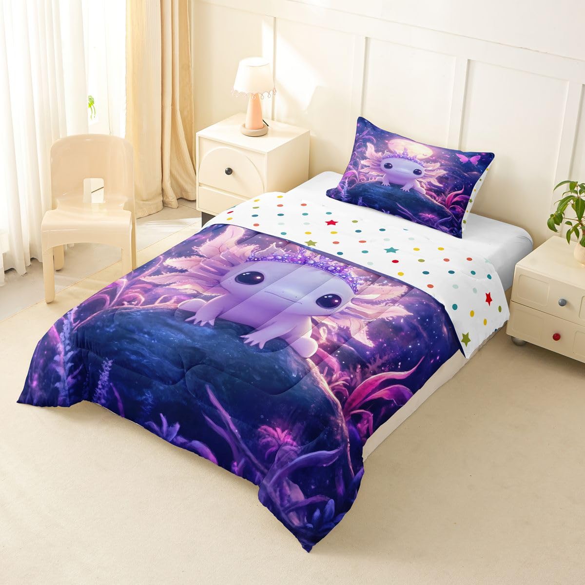 Manfei Salamander Kids Comforter Toddler Size,Cute Axolot Starry Sky Pattern Quilt Set for Kids Boys Girls Bedroom Decor,Galaxy Fantasy Cartoon Style Bedding Set,Purple Duvet Insert,1 Pillowcase
