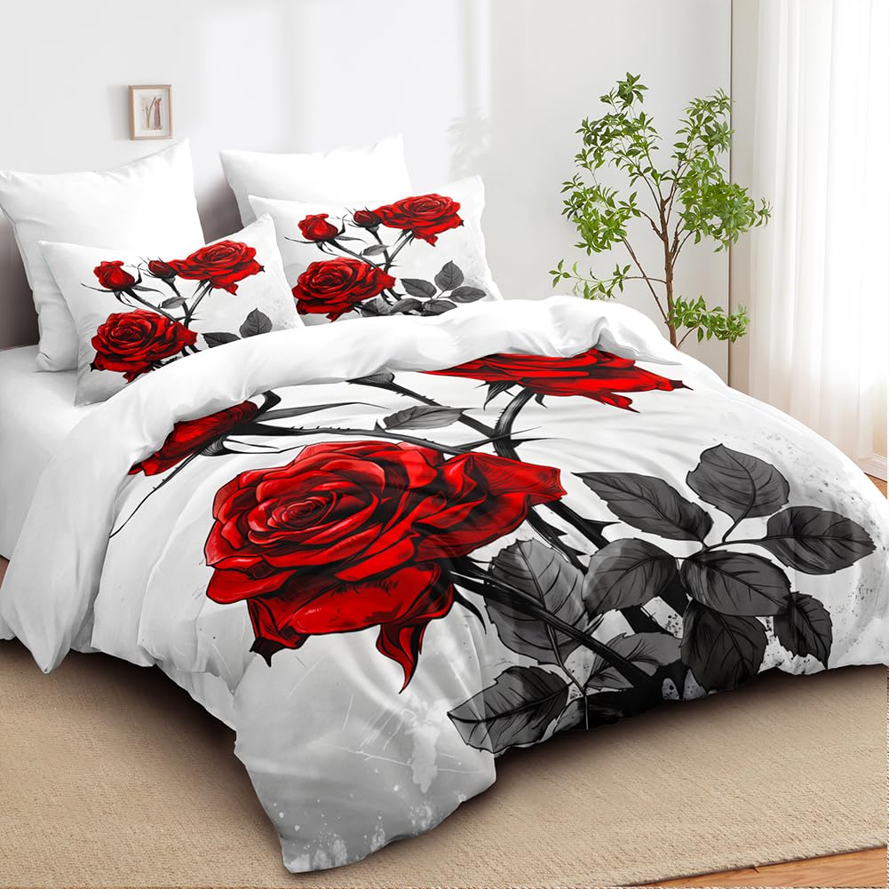 CCoutueChen Red Rose Comforter Set King Size 3 Pieces Romantic Roses Floral Bedding Set for Women Adult Stylish Aesthetic Bedding Soft Lightweight Comforter with 2 Pillowcases