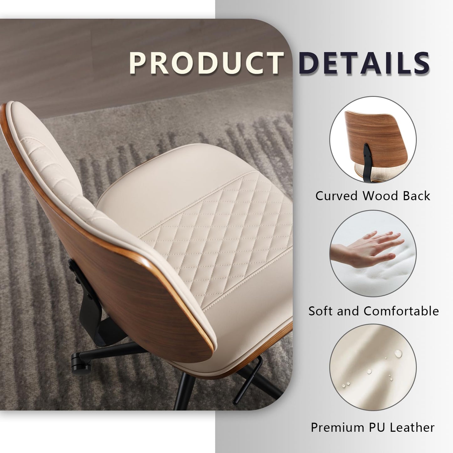 BERYTH Home Office Chair No Arms with Wheels, Adjustable Height Small Desk Chair, PU Leather Mid Back 360 Swivel Computer Chair, Armless Modern Walnut Chair for Office, Reading Meeting Room(Beige)