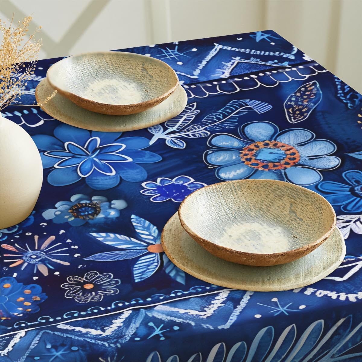 LCLJJDMBM Square Vinyl Stain-Resistant Tablecloth with Tribe,Waterproof Oil-Proof Wipeable Table-Cover,Party Picnic Dinner Decor BBQ 52'' Decorative Pattern Blue Flower