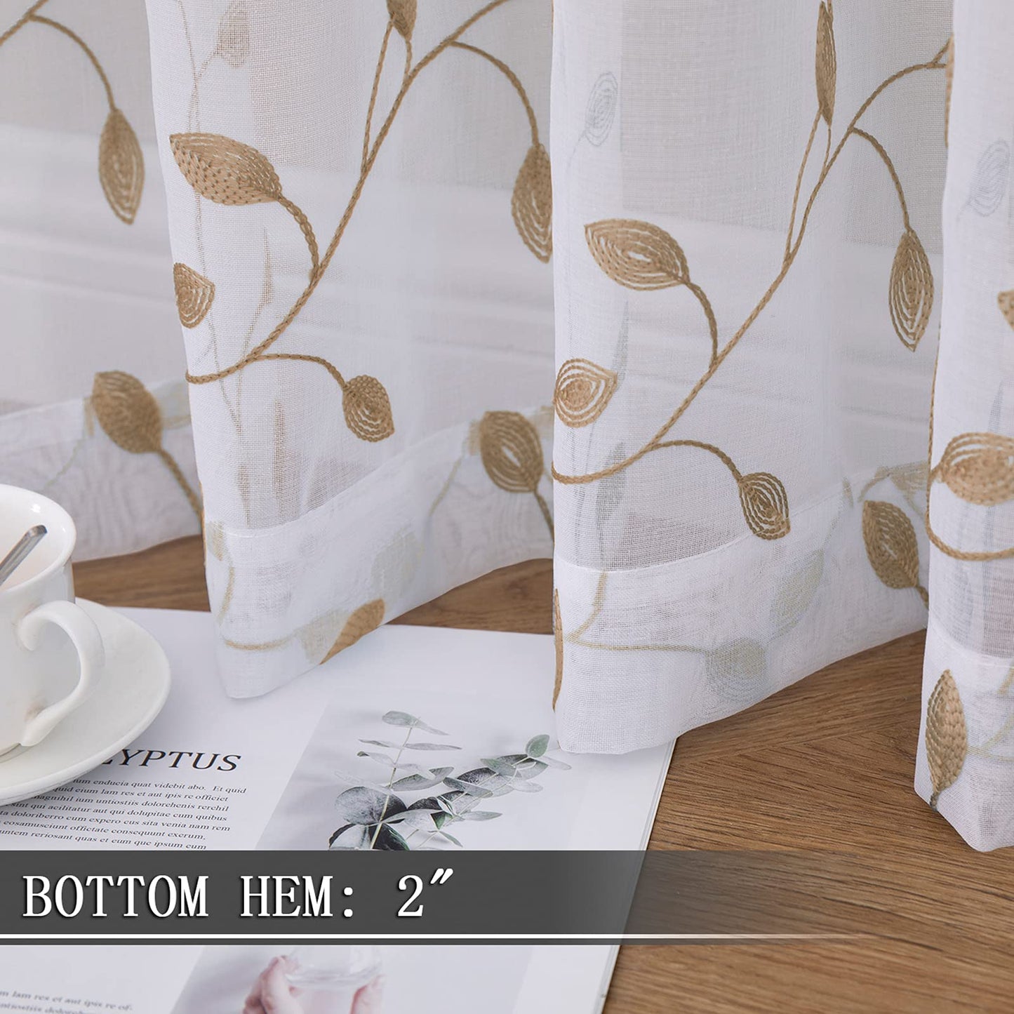Tollpiz Leaves Sheer Curtains Taupe Leaf Embroidery Bedroom Curtain Rod Pocket Voile Faux Linen Embroidered Leaves Curtains for Living Room, 54 x 63 inches Long, Set of 2 Panels