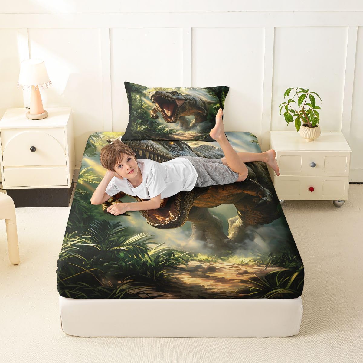 Feelyou Dinosaur Bed Sheets Set Twin Size 3D Digital Print Deep Pocket Fitted Sheet Jungle Dino Bedding Sets Wild Animal Soft Bed Set 3Pcs with 1 Pillow Cases Green Red