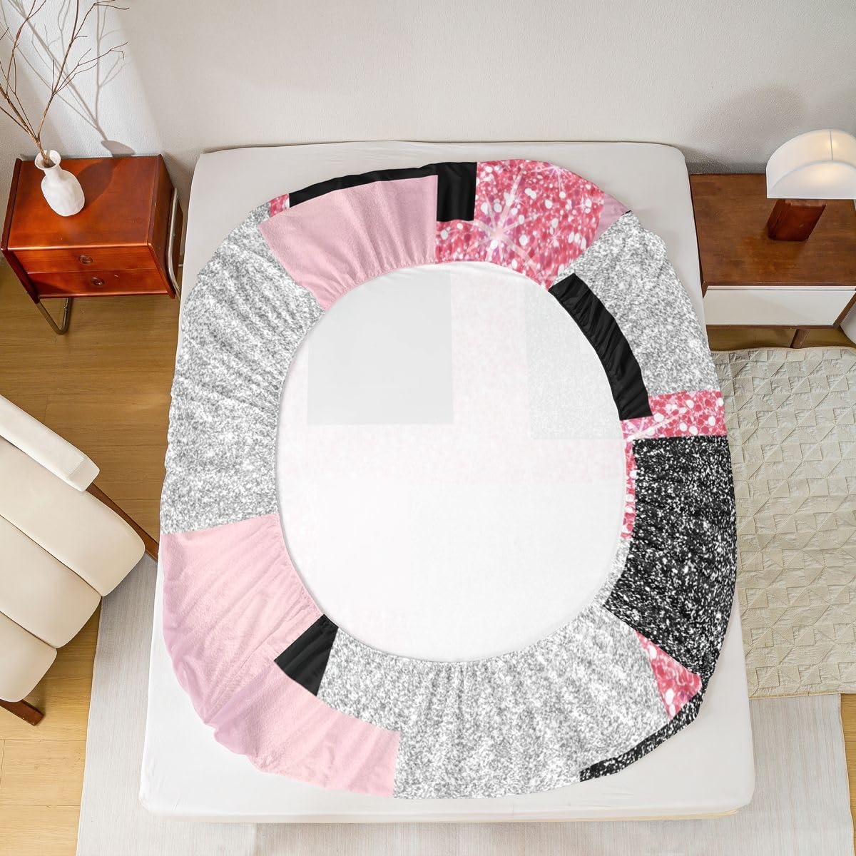 Feelyou Modern Abstract Bed Sheets Set Queen Size Geometric Aesthetic Deep Pocket Fitted Sheet Red Glitter Bedding Sets Soft Bed Set 4Pcs with 2 Pillow Cases