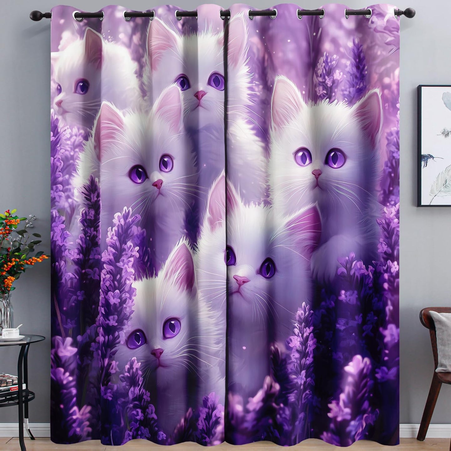 AILONEN 3D White Cat Window Curtains for Girls Bedroom,Cat Lovers Animal Design Curtains Tiers,Purple Lavender Decor Living Room Bedroom Window Drapes 2 Panel Set, 42" W x 63" H