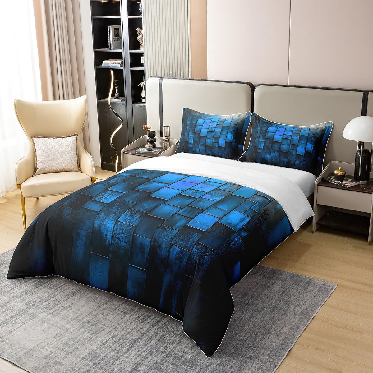 jejeloiu Blue Earth Black Duvet Cover 100% Cotton King Size Kids Abstract Geometric Comforter Cover for Boys Girls Teens Modern Art Bedding Set Breathable Soft Room Decor