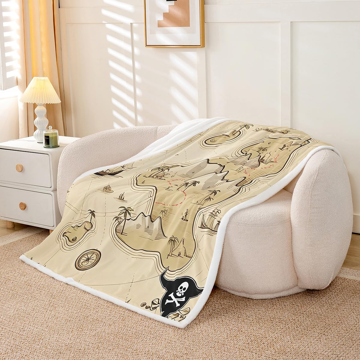 Feelyou Treasure Map Fleece Throw Sherpa Blanket for Kids Boys Girls Pirate Ocean Adventure Medieval Retro Fuzzy Plush Blanket for Sofa Bed Couch 90x90 Inches