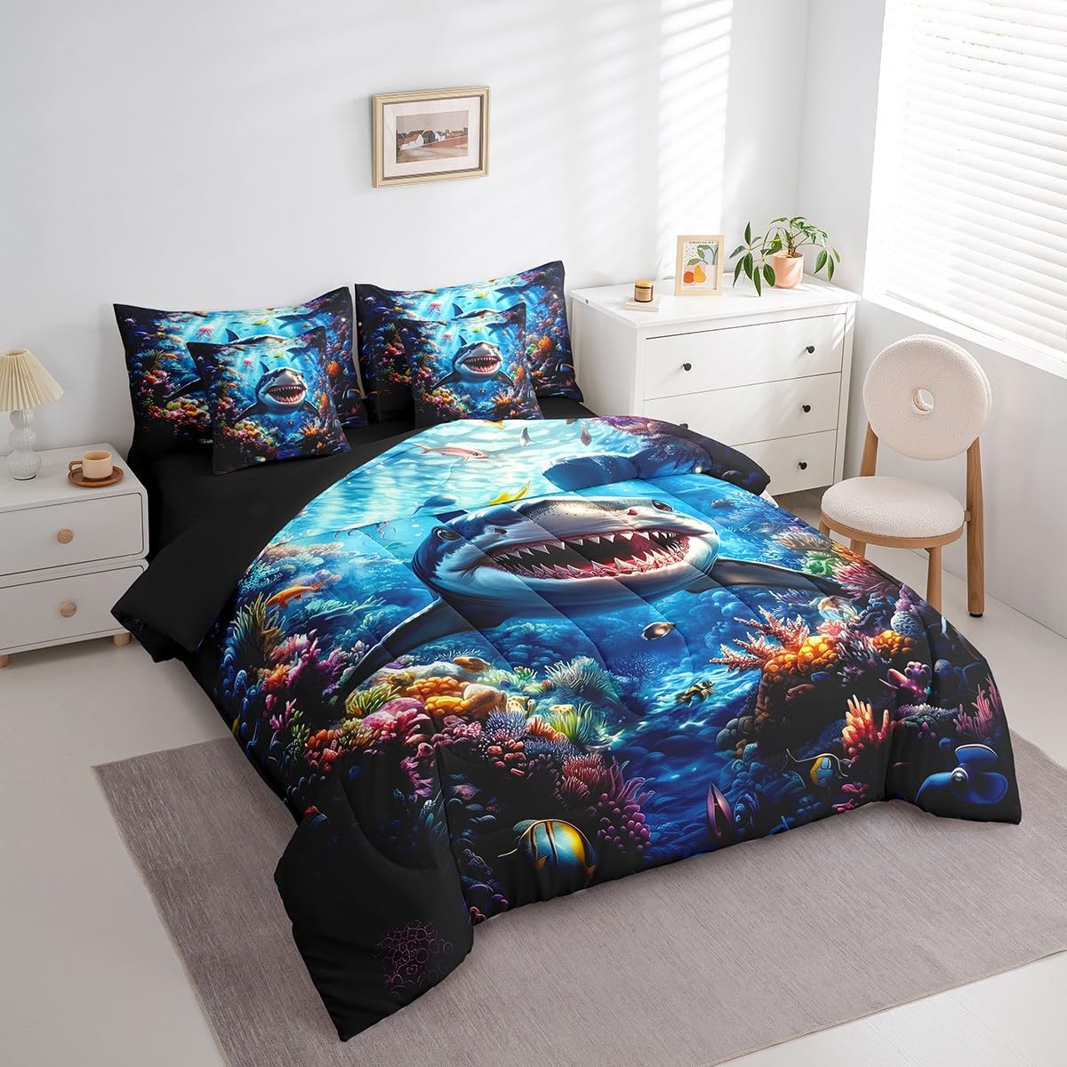 Feelyou Shark Comforter Set 7 Pieces Twin Size Kids, Ocean Sea Animal Bedding Set Boys Girls, Sea Underwater World Bed in a Bag,Comforter + Sheets + Pillowcases + Cushion Covers