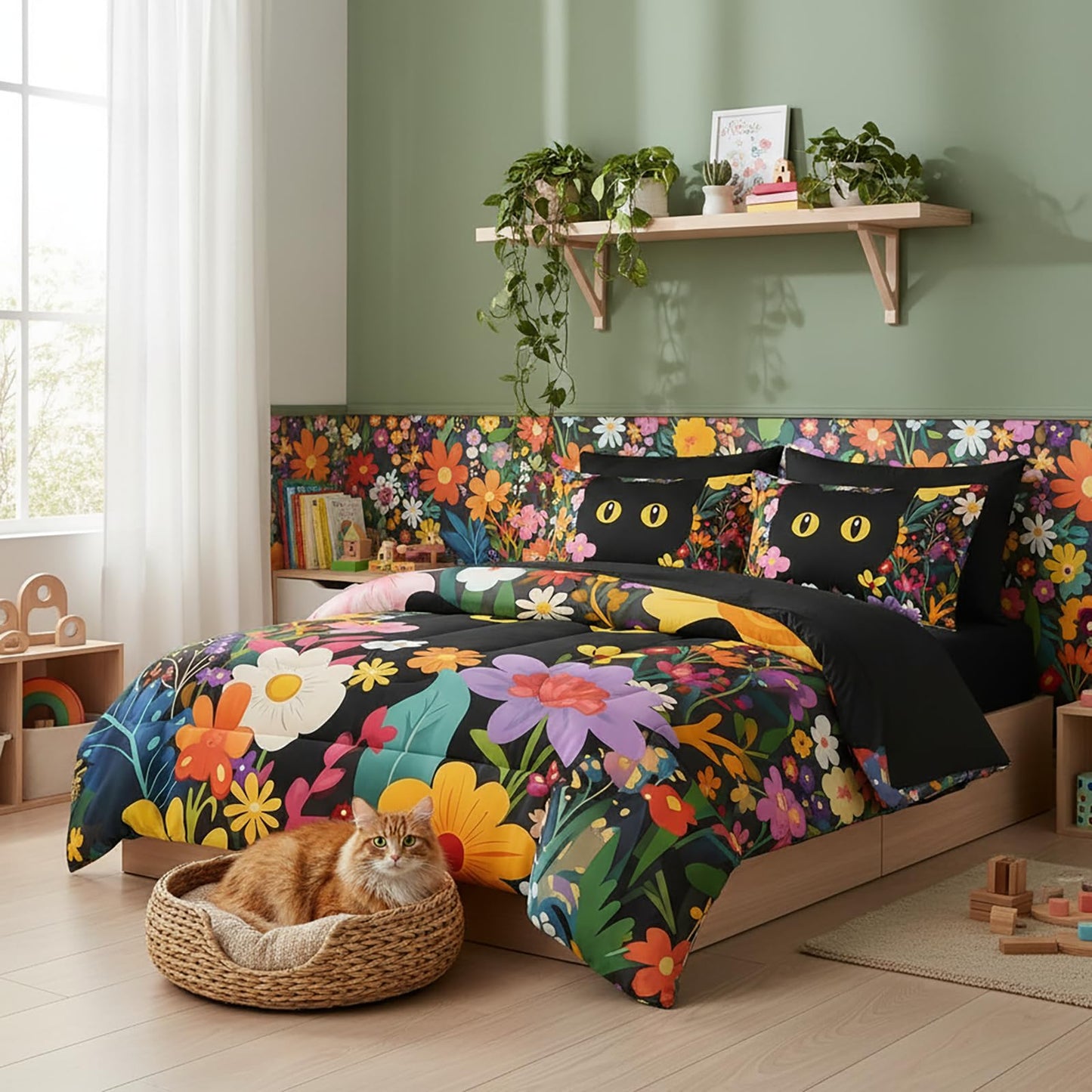 QOOMO Floral Cat 7 Pieces Comforter Set Queen Size,Floral Cat Bedding Set for Kids Teens Girls-Include 1 Comforter,1 Fitted Sheet,1 Flat Sheet,2 Printing Pillowcases and 2 Black Pillowcases