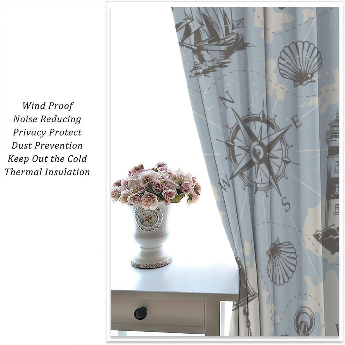 XBDDZSW Nautical Sailboat Map Curtains Sketch Pirate Ship Wheel Compass Starfish Coral Reef Nautical Map Pattern Print Window Drapes for Bedroom Living Room Kitchen Decor,2 Panel Set,42x45 Inch Decor