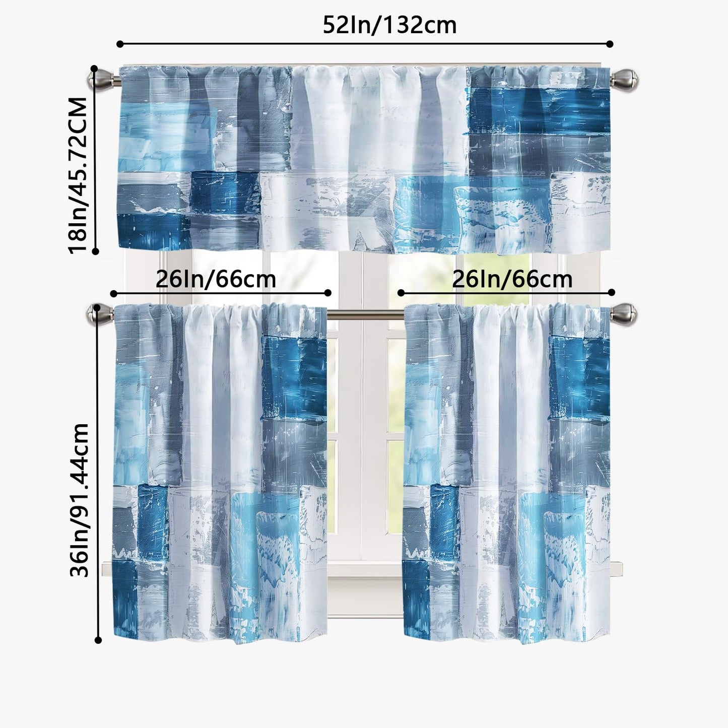 KINUUIS Blue White Blackout Kitchen Window Tier Curtains and Valance Set, 52 x 36 Inch Abstract Art Window Curtains Set with Rod Pocket for Small Windows, Living Room or Bathroom