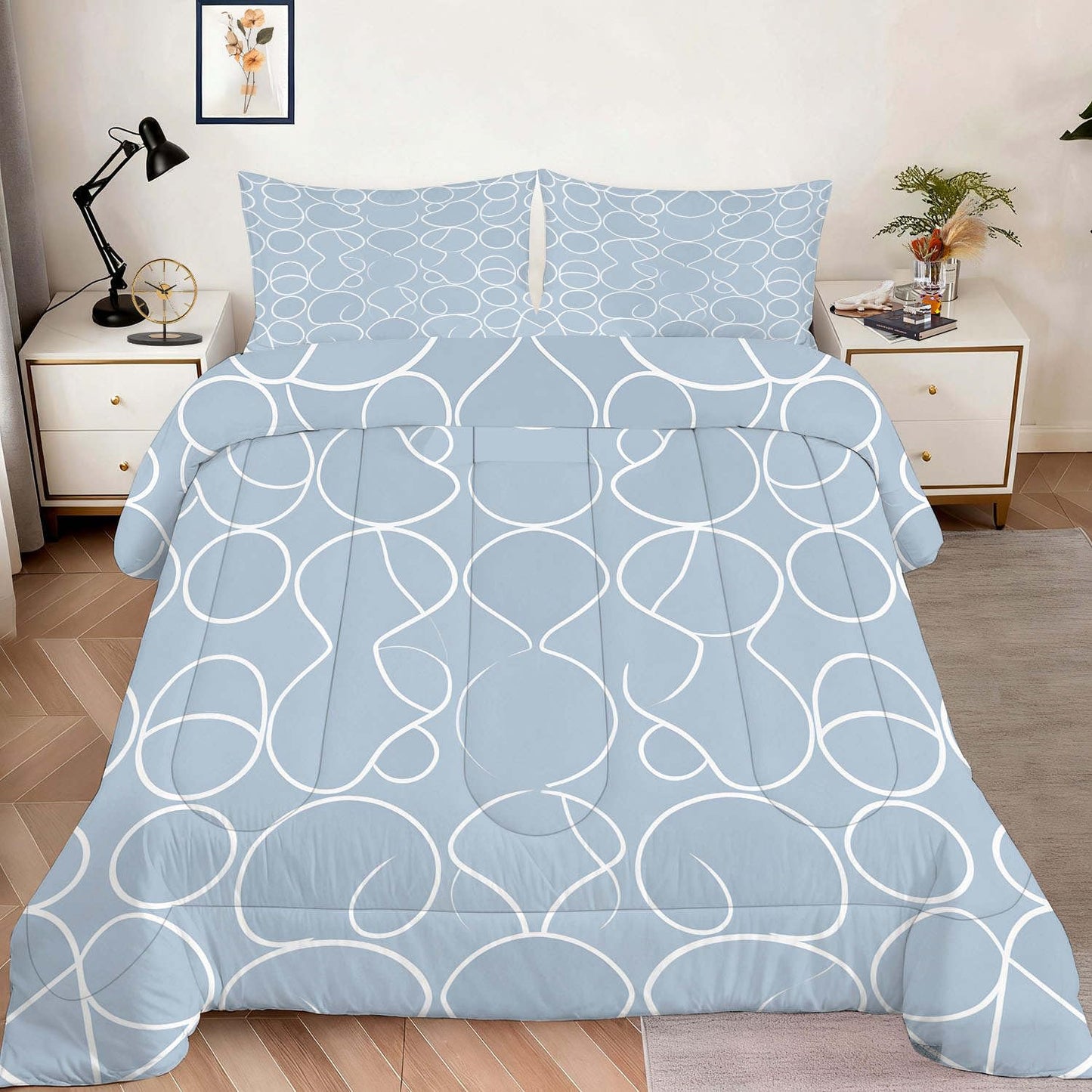 CERYUEE Dusty Light Blue Geometric King 3 Piece Comforter Bedding Set