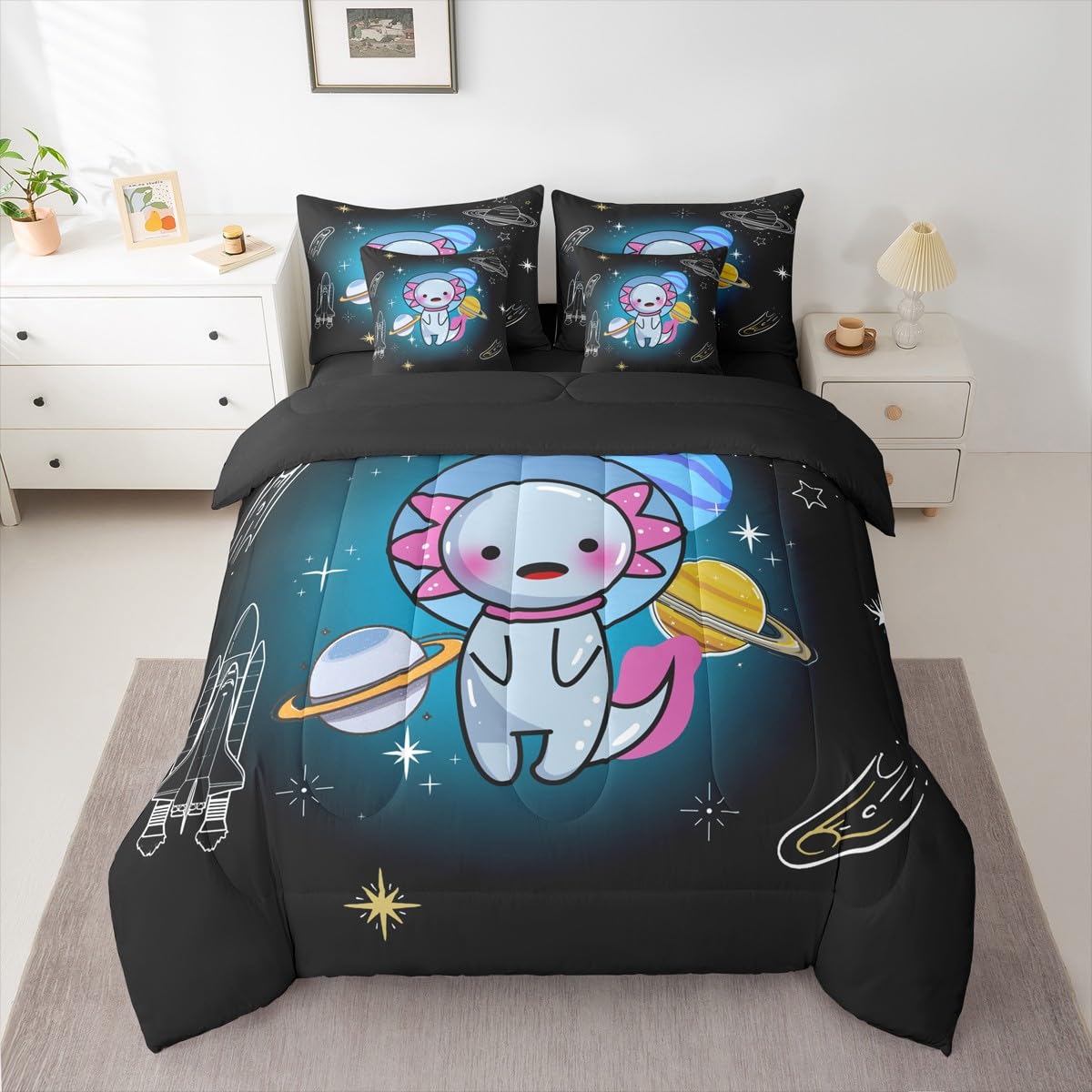 Erosebridal Space 7 Piece Bedding Set King Salamander Comforter Set with Sheets Axolotl Planet Rocket Meteor Helmet Bed in a Bag Stars Print Cute Cartoon Animal for Kids Boys Girls