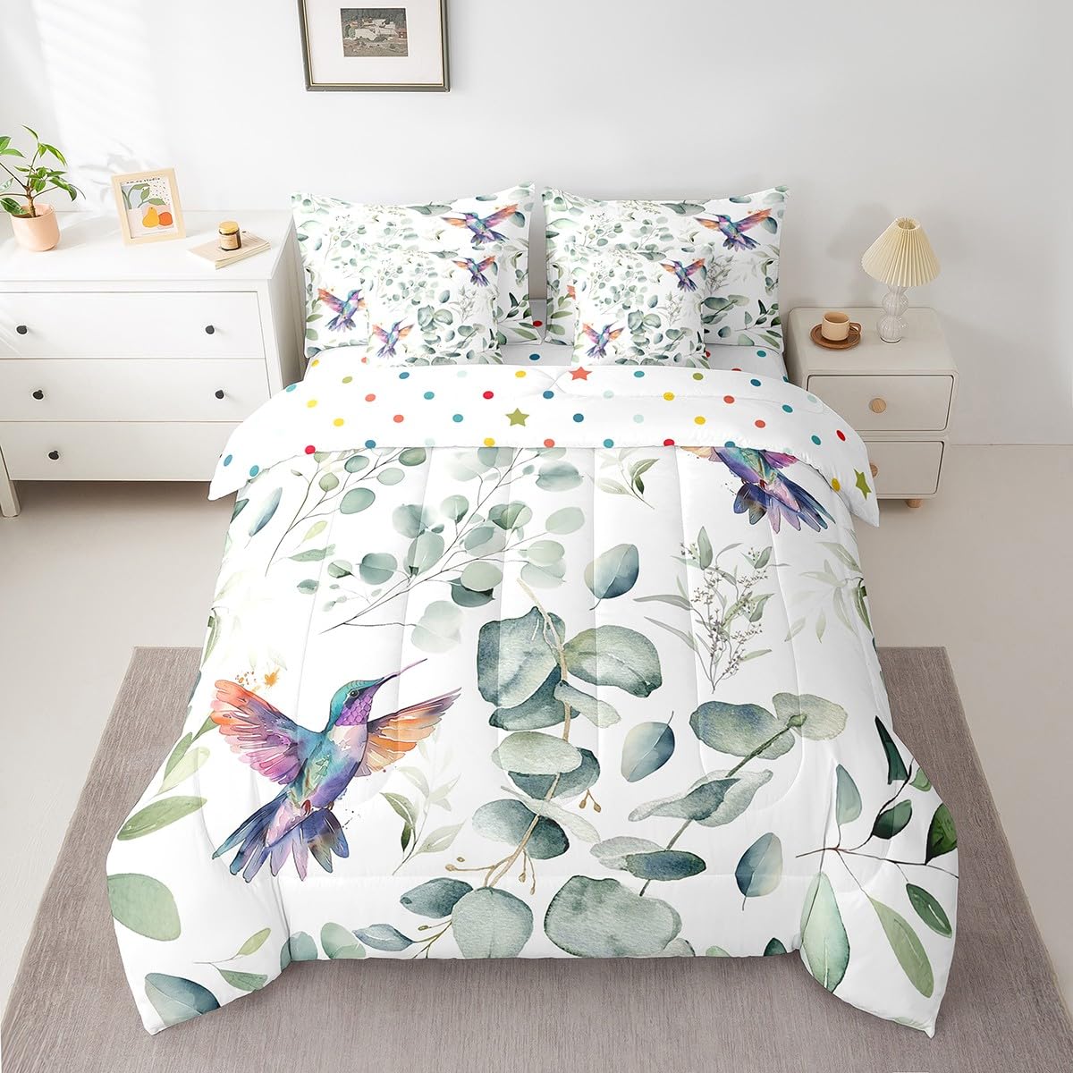 Erosebridal Cartoon Hummingbird Bedding Comforter Sets 7pcs Wildlife Bird Bed in a Bag, Spring Plant King Bedding Sets Eucalyptus Leaf Comforter Set, Jungle Animal Theme Bedding Sets Kids Room Decor