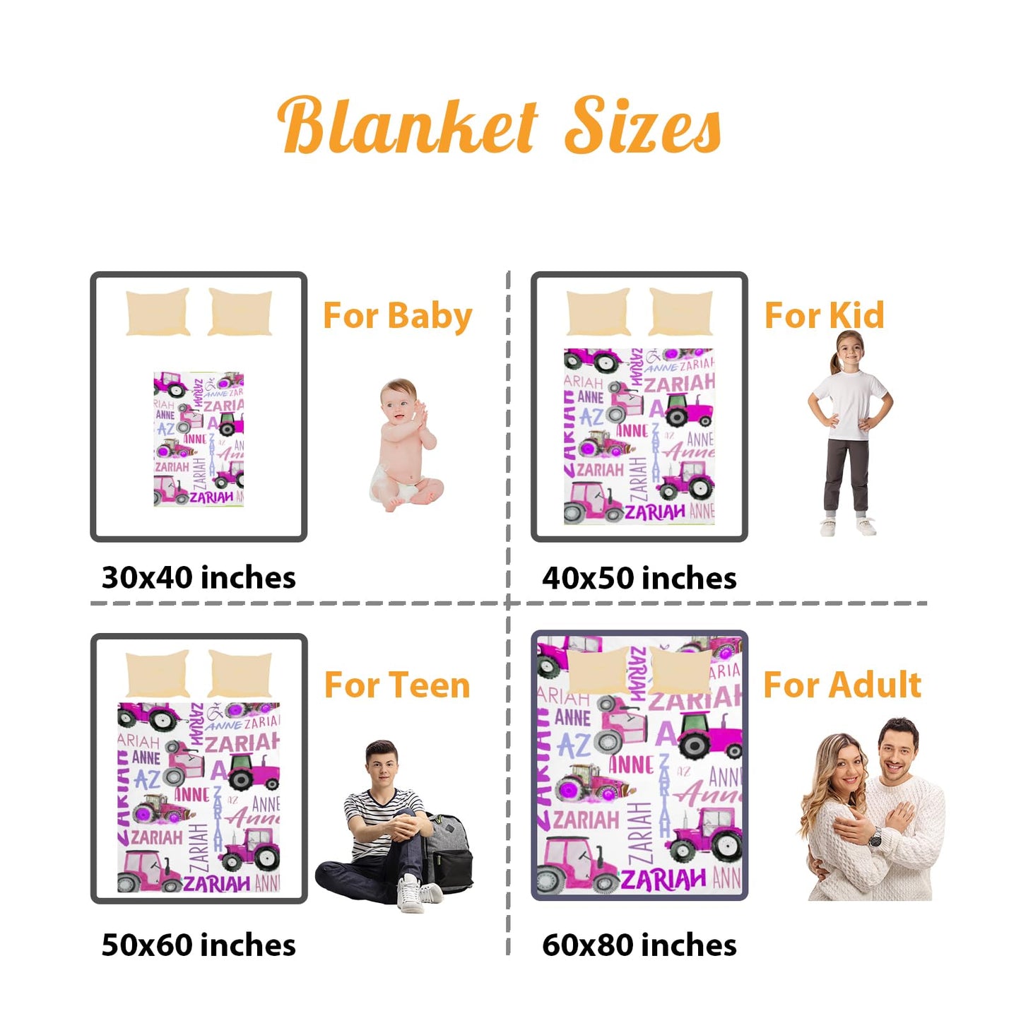 Personalized Tractors Blanket - Custom Name with Farm Tractor Trucks Design - Soft Plush Flannel Bed Blanket for Baby Kid Teen Boys Girls Customized Gifts White & Purple