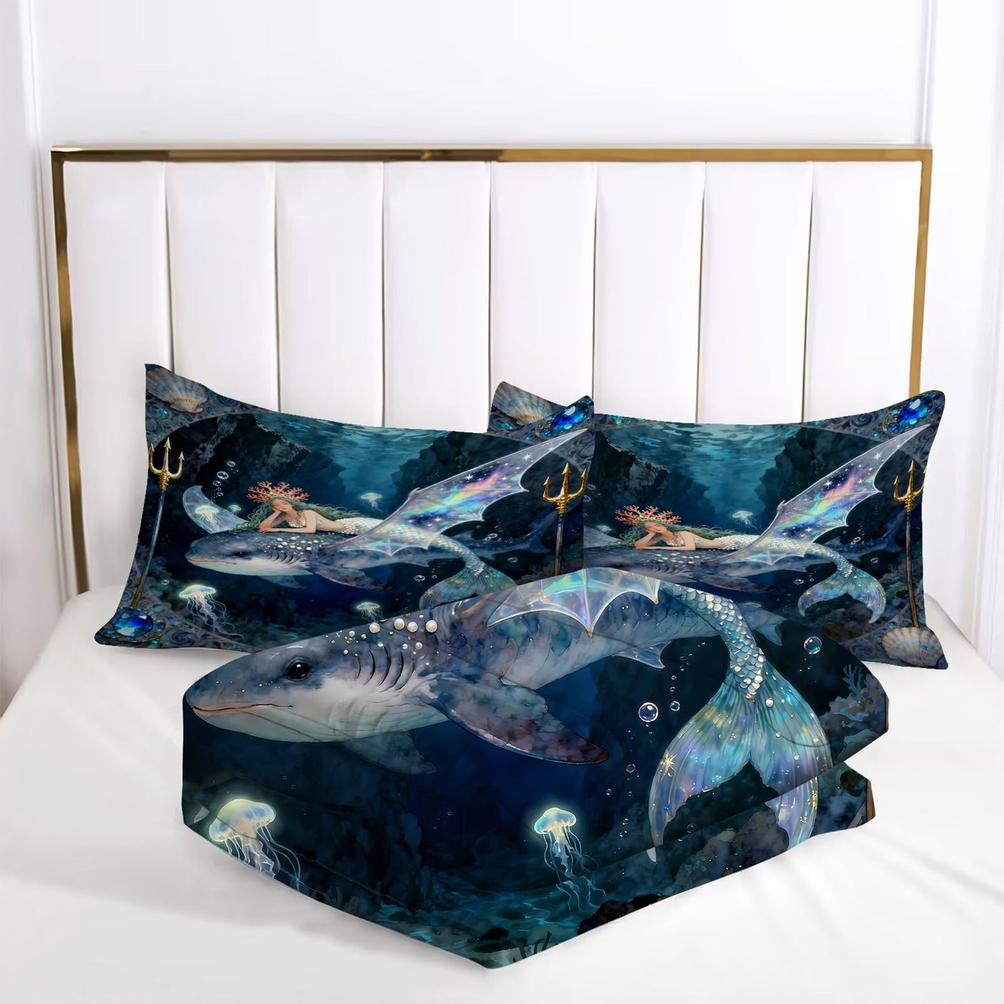 kxry Mermaid King Bedding Sets for Girls Kids, Ocean Fish Scales Quilt, Coastal Nautical Sea Animal Comforter Sets, Cute Jellyfish Duvet, Sparkle Mermaid Fish Scale Soft Comforter, 3 Pcs
