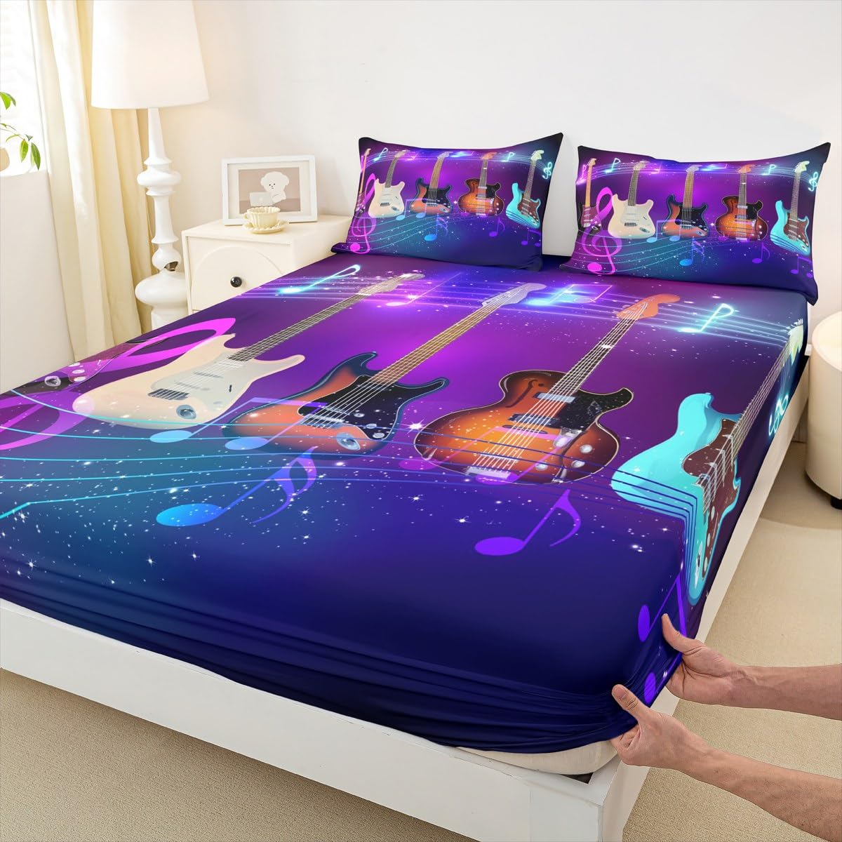 Erosebridal Guitar Bed Sheet Set King Size Colorful Mucical Notes Sheet Set with Deep Pocket for Kids Boys Girls Teens Rock Roll Music Bedding Set Glitter Hiphop Hippie Fitted Sheet Set 3 Pcs