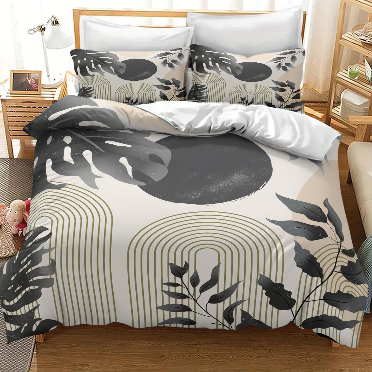 Lnepty Mid Century Leaf Bedding Set,Boho Grey Tropical Plant Palm Leaves Abstract Minimalist Geometic Modern Comforter Set with Pillowcase for Bedroom Bed Decor，Twin 86"x70"