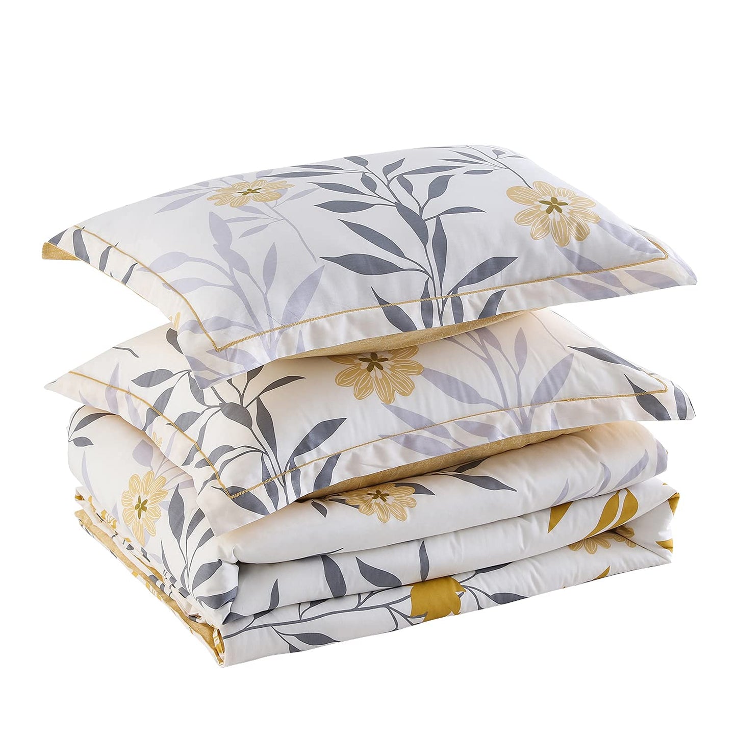 SLEEPBELLA Comforter King Size, 600 Thread Count Cotton Grey Branch with Yellow Flower & Grey Leaves Pattern Orange Reversible Comforter Set,Down Alternative Bedding Set 3Pcs(King, Yellow Botanical)