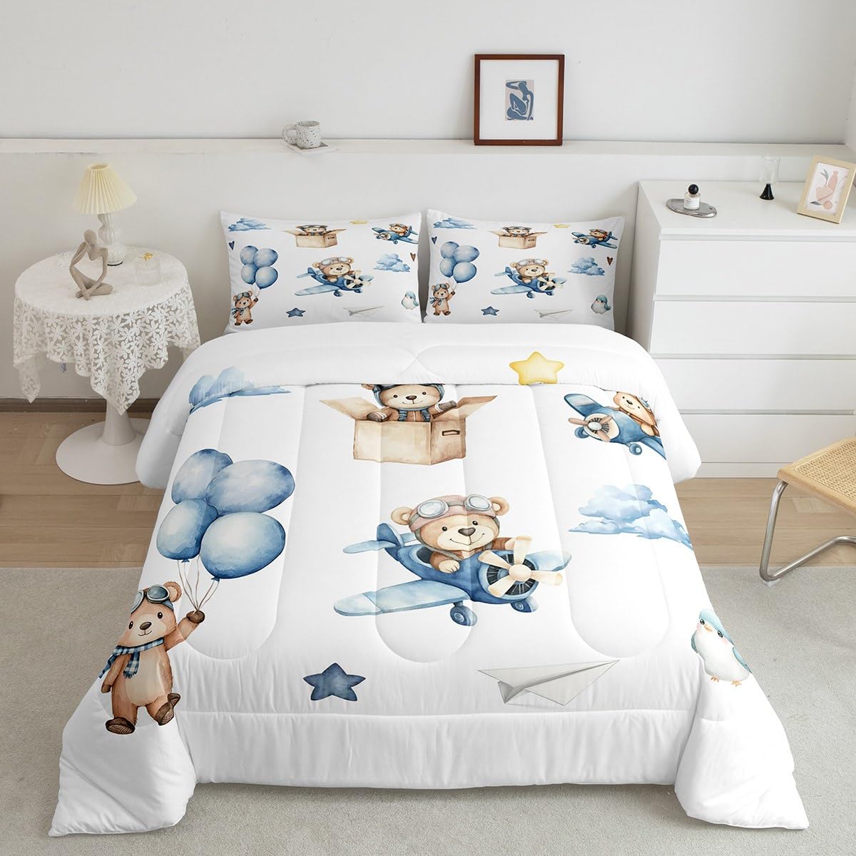 Erosebridal Cartoon Aircraft Full Bedding Set, Cute Bear Airplane Propeller Plane Comforter Set for Kids Boys Girls Adults Bedroom, Lovely Bird Animals Comforter, Balloon Star Cloud Quilt