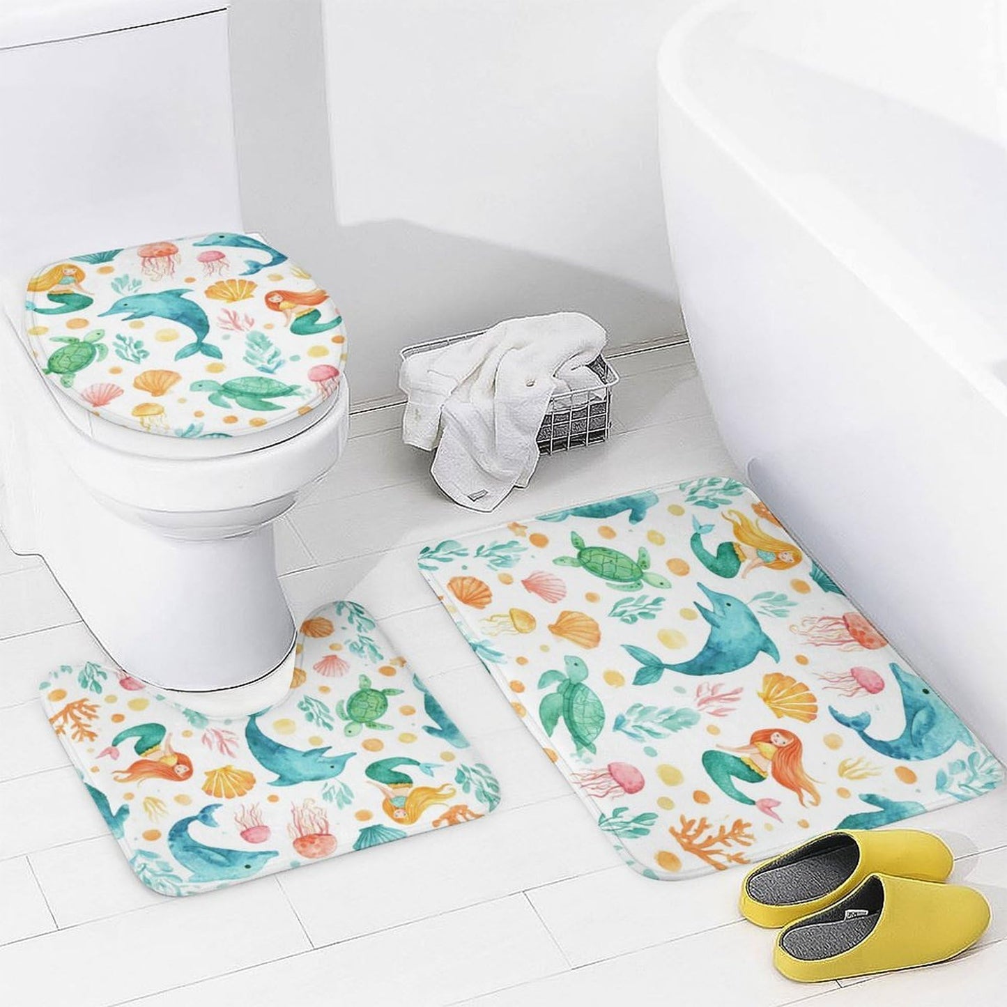 INSFBRB Cartoon Cute Dolphin Shower Curtain Sets with Rug,Toilet Lid Cover and Bath Mat,Watercolor Colorful Sea Dolphins Sea Turtle Jellyfish Seashell Mermaid 4 Piece Bathroom Set