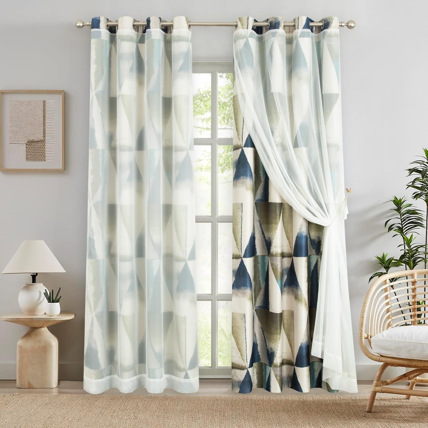 Leeva Elegant Blackout Curtains and Sheer Layered, Grommet Window Curtain Panels with Tiebacks, Light Filtering Drapes for Bedroom Partition Room Dividers, 52 x 96