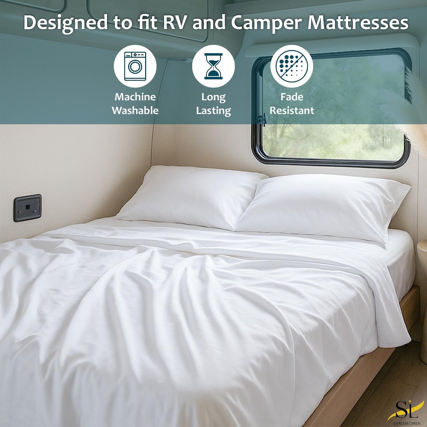 Shreem Linen RV Bunk Sheets 28x75, 100% Egyptian Cotton 4-Piece Camper Bedding Set, Fits 10-12" Deep RV Mattress, White