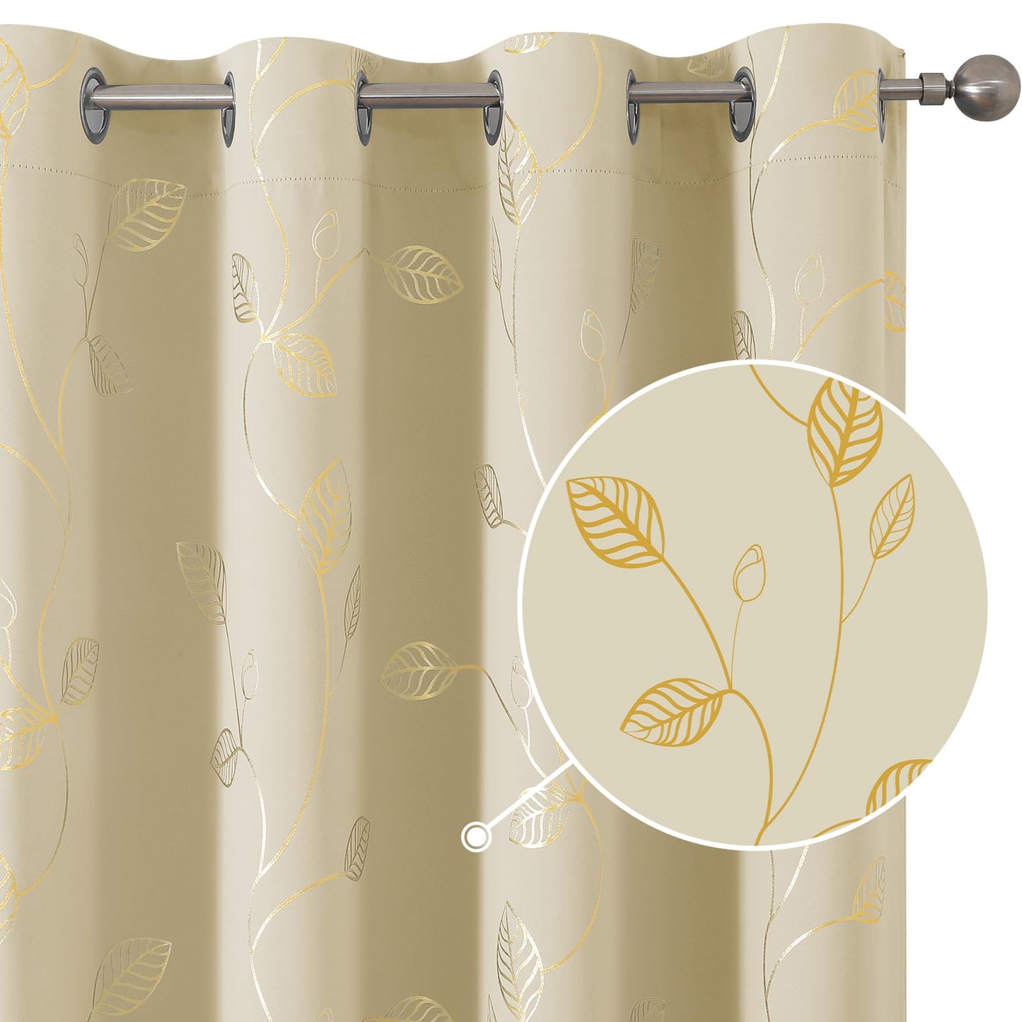 BUHUA Heat Blocking Curtains, Black Out Curtains 63 Inch Long 2 Panels Burg, Soundproof Curtains with Gold Leaf Printed (52 x 63 Inch, Beige, Set of 2 Panels)