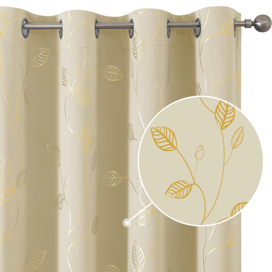 BUHUA Heat Blocking Curtains, Black Out Curtains 63 Inch Long 2 Panels Burg, Soundproof Curtains with Gold Leaf Printed (52 x 63 Inch, Beige, Set of 2 Panels)