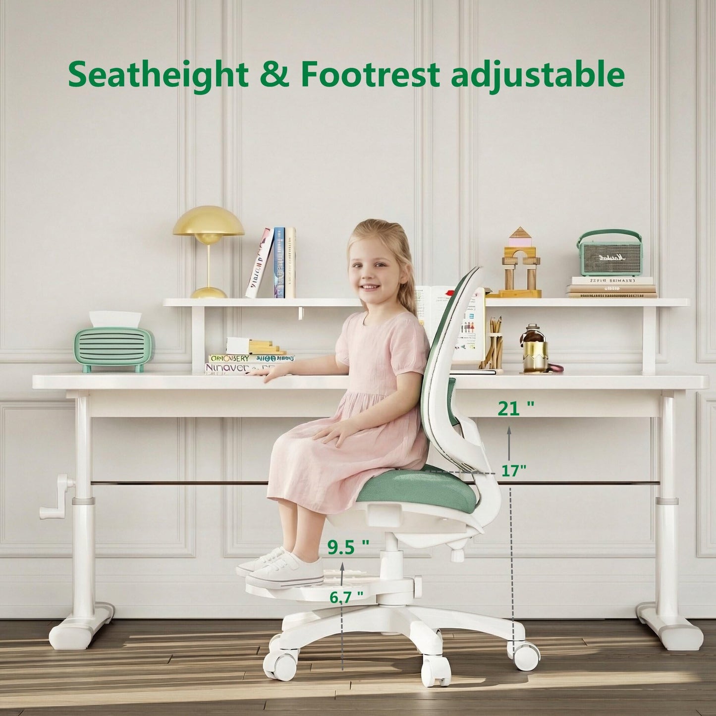 chirvana Kids Desk Chair, Ergonomic Study Chair for Kids with Lumbar Support and Footrest, Adjustable Height, Mesh Student Chair with Adjustable backrest, Model Shell (Mint)