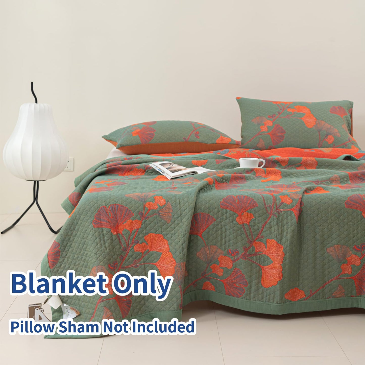 Purefair 100% Cotton Muslin Blanket Jacquard Green Orange Floral Ginkgo Leaves Quilt, Soft Bed Cover Lightweight Breathable Gauzy Reversible Bedspread Coverlet Full/Queen(78"x94"), No Pillow Sham
