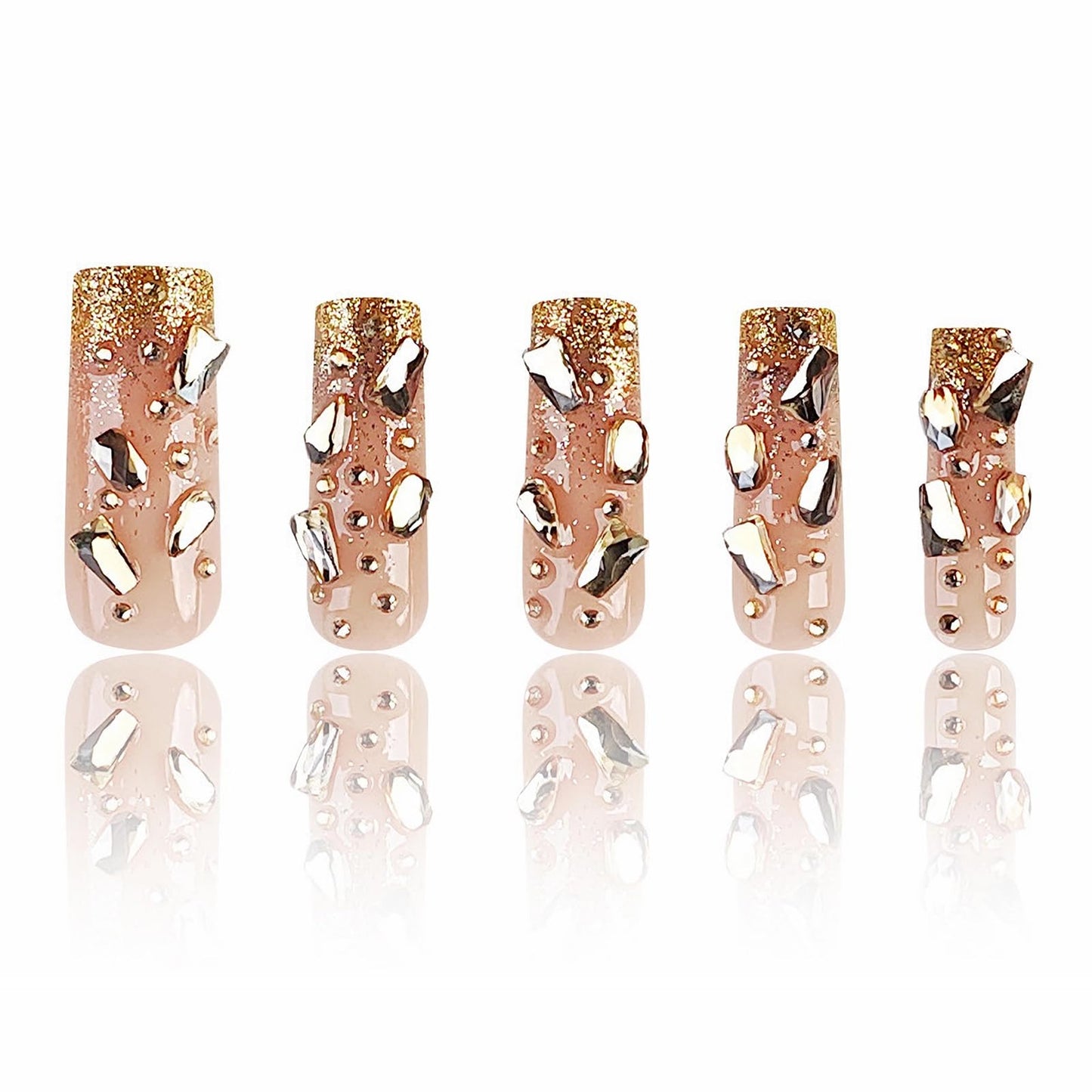 MISUD Press on Nails - Long Square Glue on Nails with Bling Gold Glitter, Acrylic Luxury Rhinestone Design 24 pcs