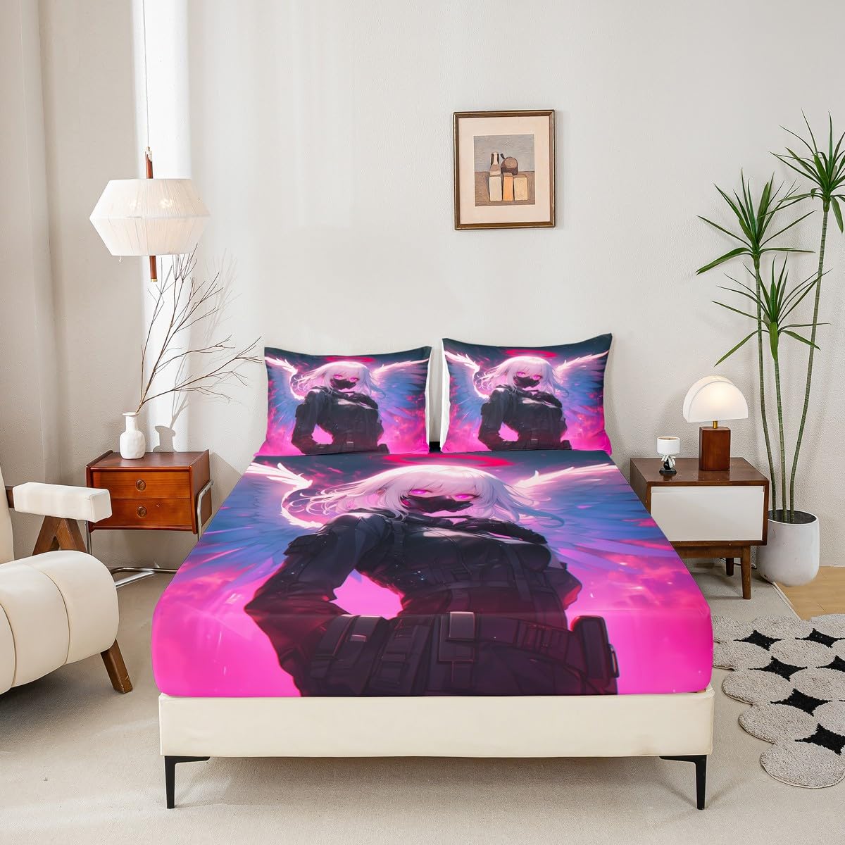 Erosebridal Full Japanese Anime Bedding Set Anime Girl Fitted Sheet for Kids Girls Teens Men Bedroom, Cartoon Girl Bed Sheets Kawaii Japanese Animation Sheets 3 Piece with 2 Pillow Cases