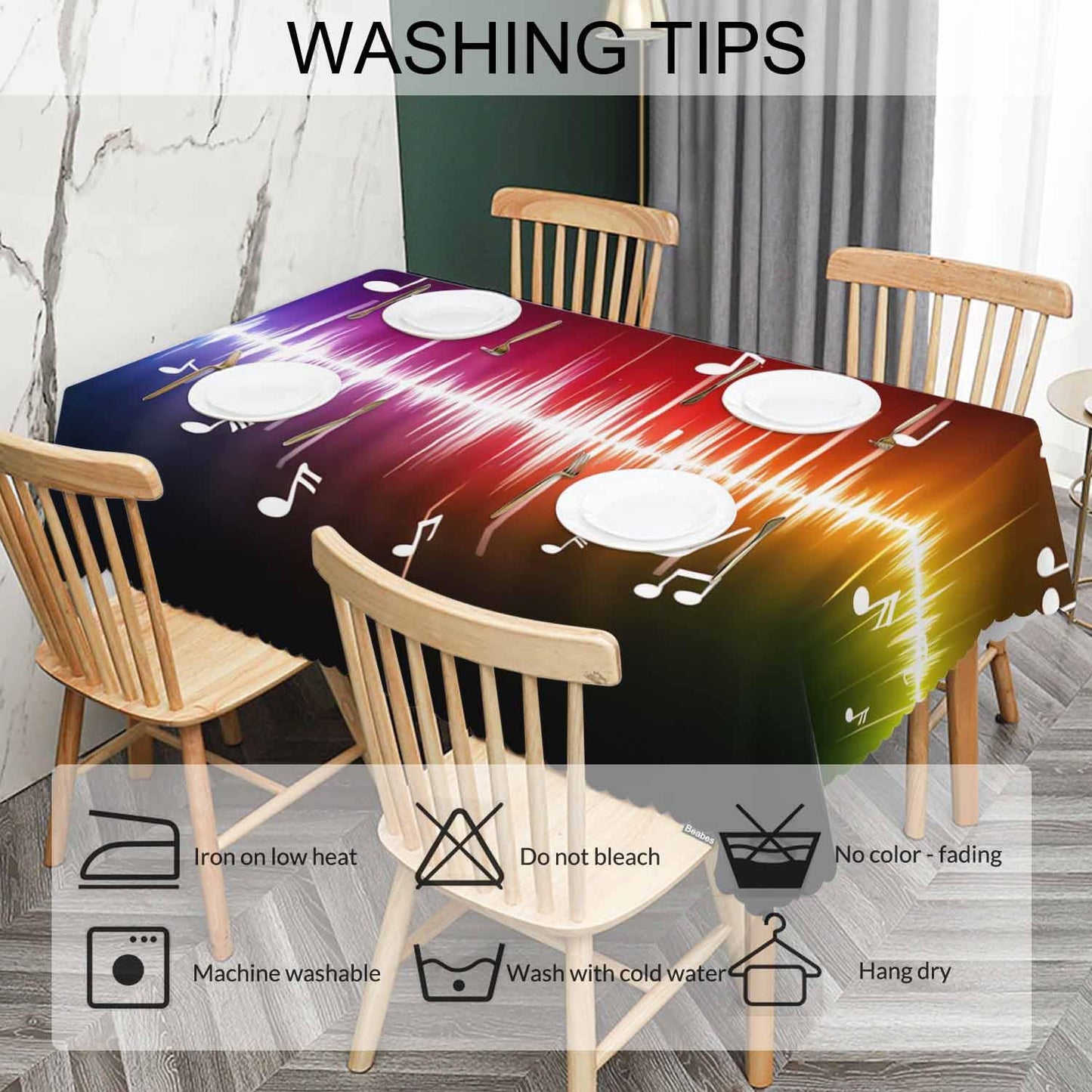 Beabes Music Notes Dinner Tablecloth Table Cover, Rainbow Spectrum Pulse Music Notes Hippie 52x70 Inch Table Cloth Dust-Proof Table Cover Protector for Home Restaurant Picnic Camping BBQ