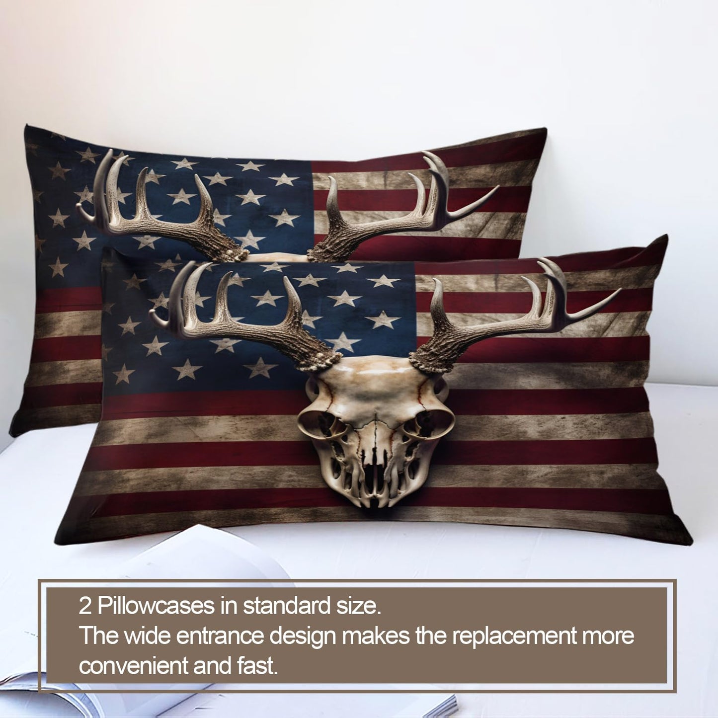 PAISUOQ Gothic Skull Duvet Cover Queen Size - American Flag Home Decor & Gifts, 3 Piece Back to School Dorm Bedding, Easy Care Microfiber Comforter Cover & Pillowcases, Rustic