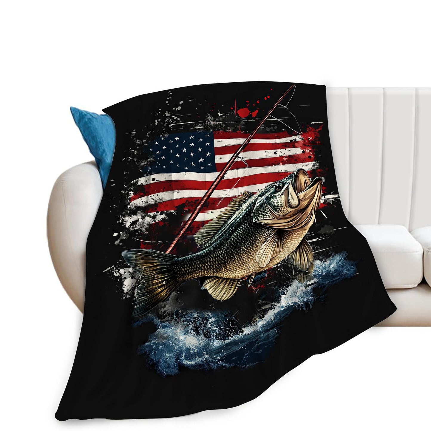 Fishing Blanket American Flag Fish Throw Blanket Soft Warm Cozy Fuzzy Plush Gifts for Girls Women Lightweight Fleece Flannel Stuff Decor Gift for Kids Adults 50"X40"