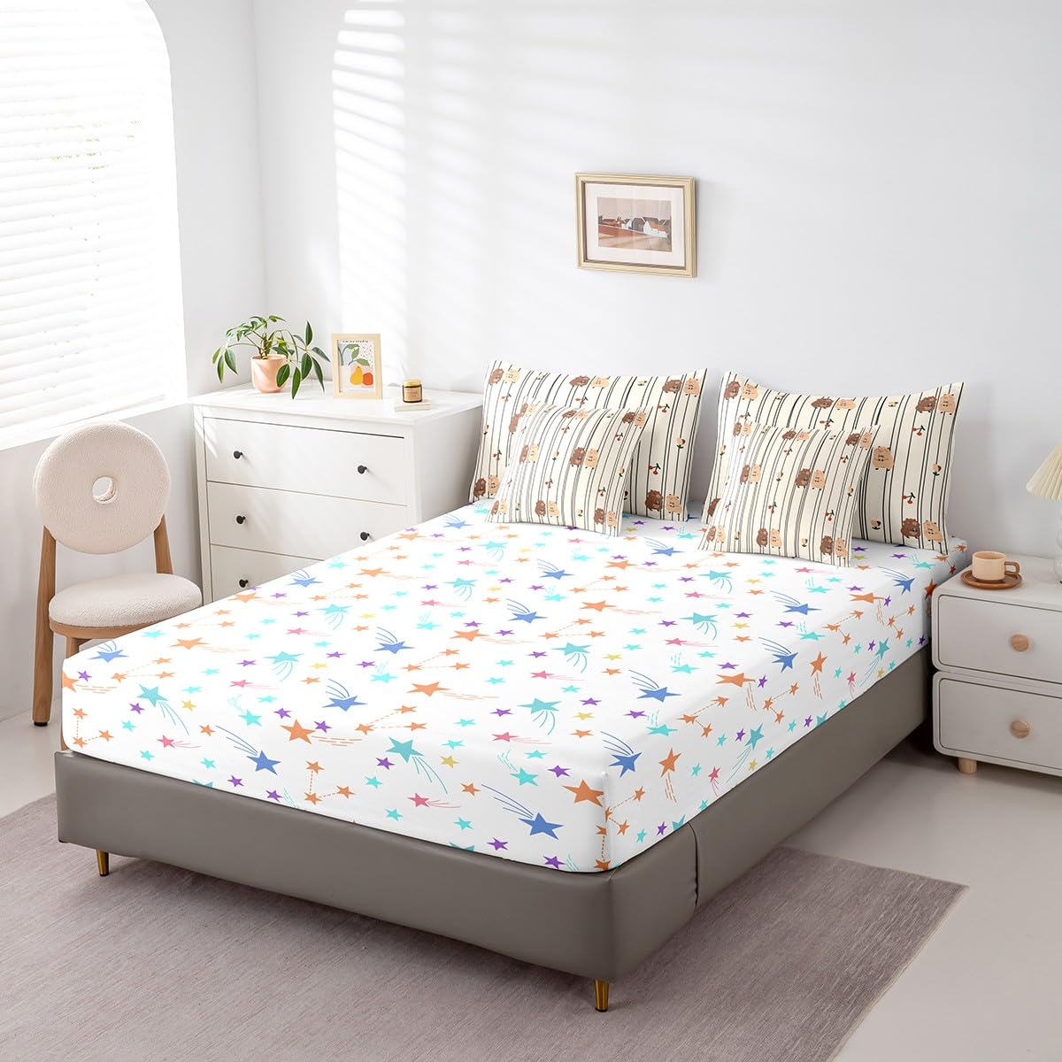 Cute Capybara Twin Comforter Set with Sheets, Lovely Beaver 7 Piece Bedding Set Cherry Fruit Geometric Flowers Pattern Bed in a Bag, Natural Theme Rodents Rodent Animals Print Decor