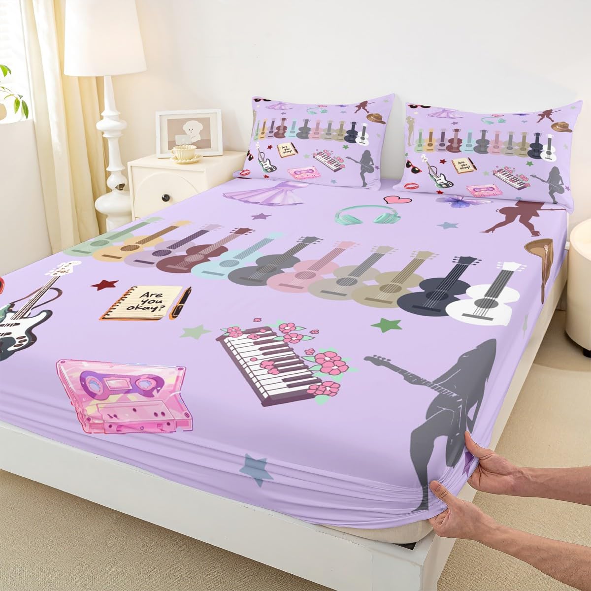Erosebridal Music Fans Print King Bed Sheets Set Guitar Sheet Set Purple Sheets Modern Fashion Flat Fitted Sheet Gift for Singer Fans