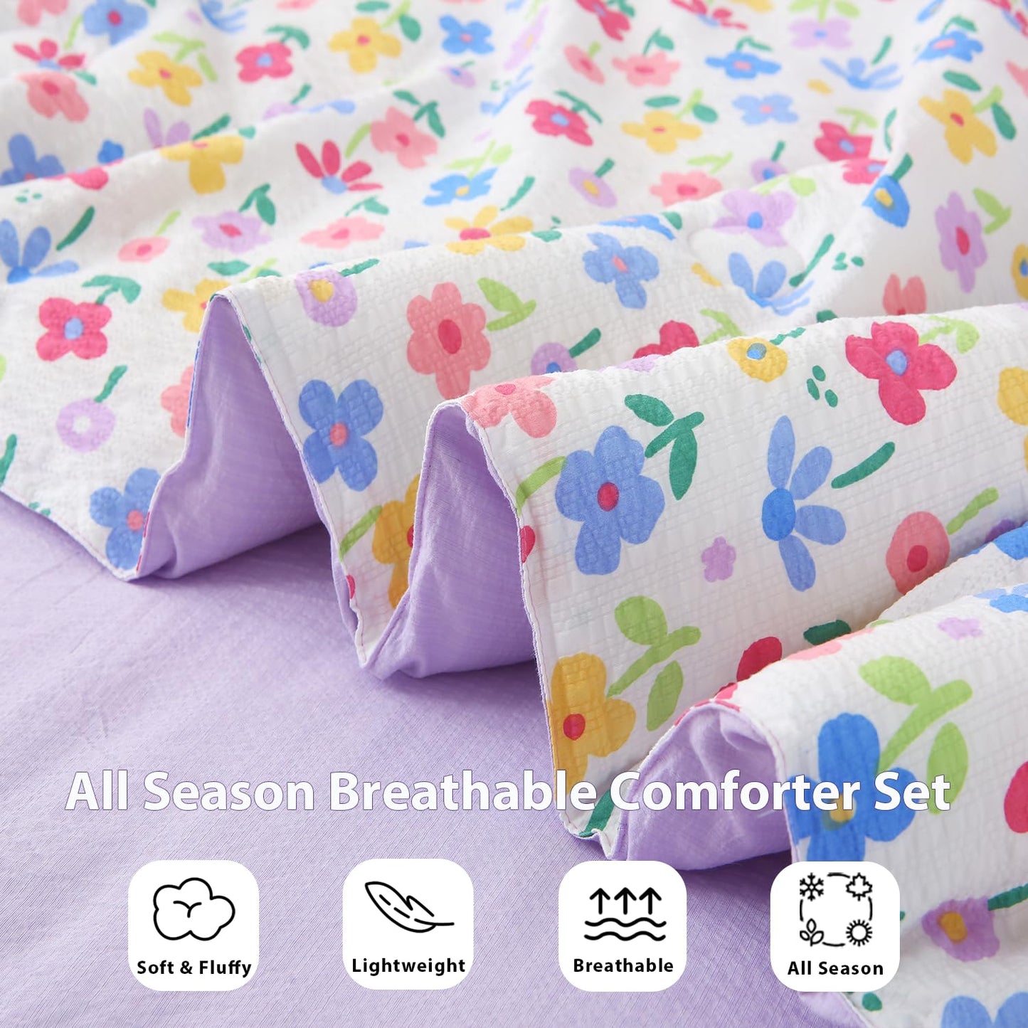 Gusuhome 7 Piece Girls Floral Bedding Set Twin/Full Size Reversible Comforter Bed in a Bag for Kids Soft Purple Floral Bedding with Sheets Bed Skirt Ruffled Floral Pillowcases for Teens Bedroom