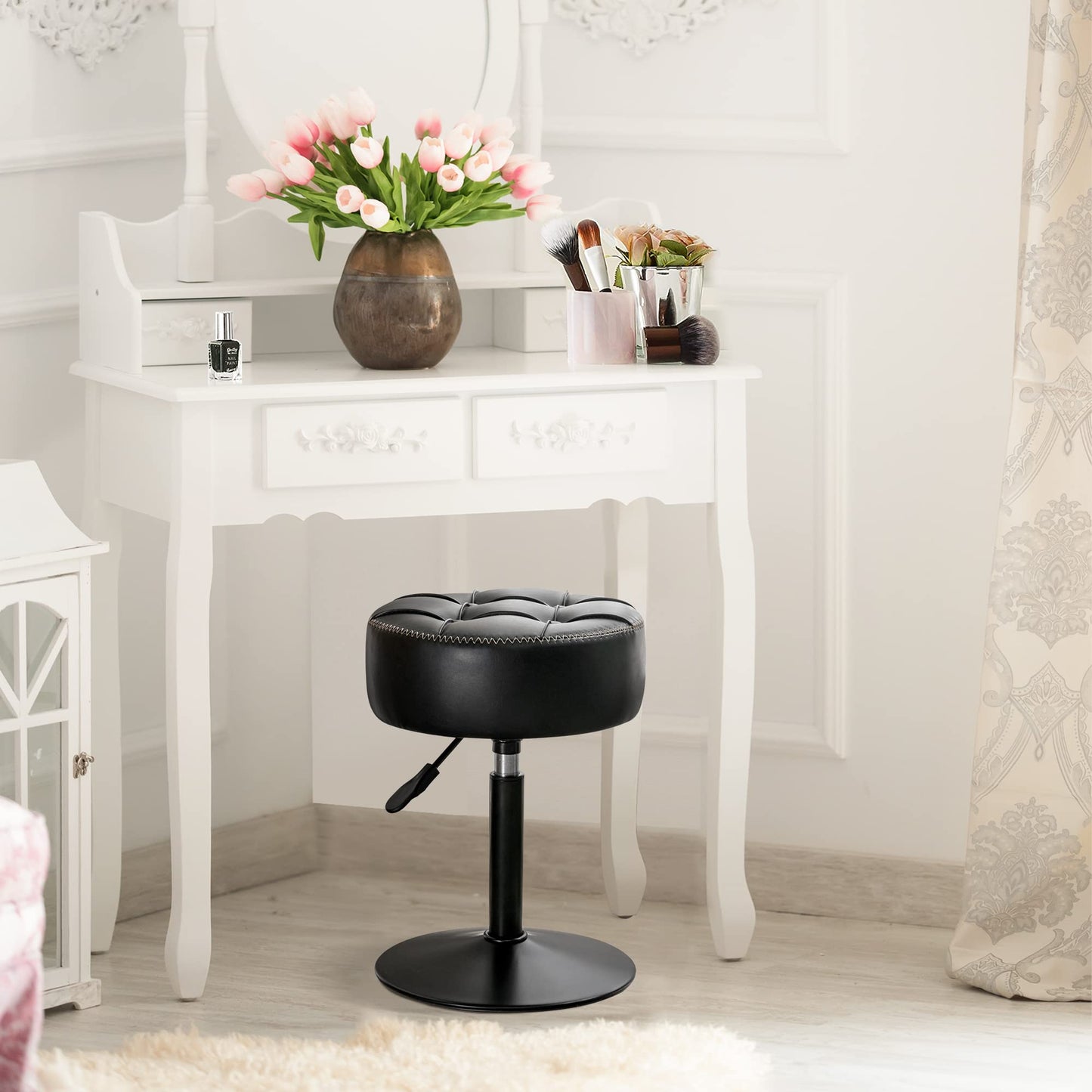 LUE BONA Adjustable Vanity Stool 15.8"-20.7", 360° Swivel Faux Leather Chair, 300lbs Capacity for Makeup Room, Bathroom, Living Room, Black