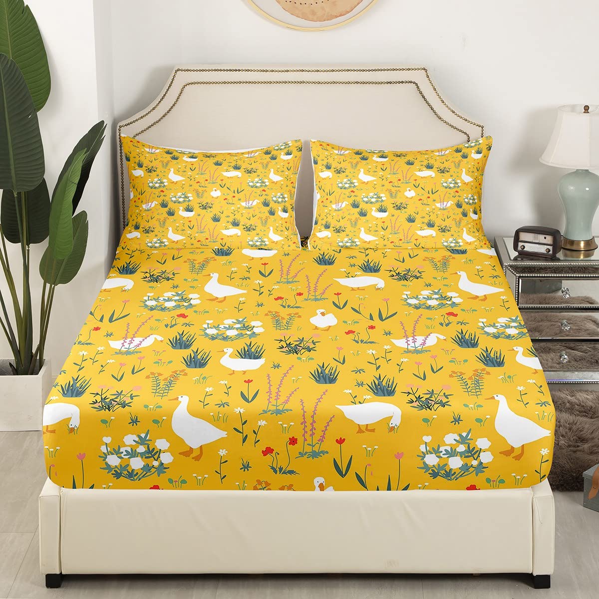 Erosebridal Wildlife Flowers Sheet Set Full,Rustic Goose Duck Bed Sheets for Kids Boys Girls,Garden Leaves Plants Bedding Set,Farm Animal Fitted Sheet + Top Sheet + 2 Pillowcases Wrinkle Free