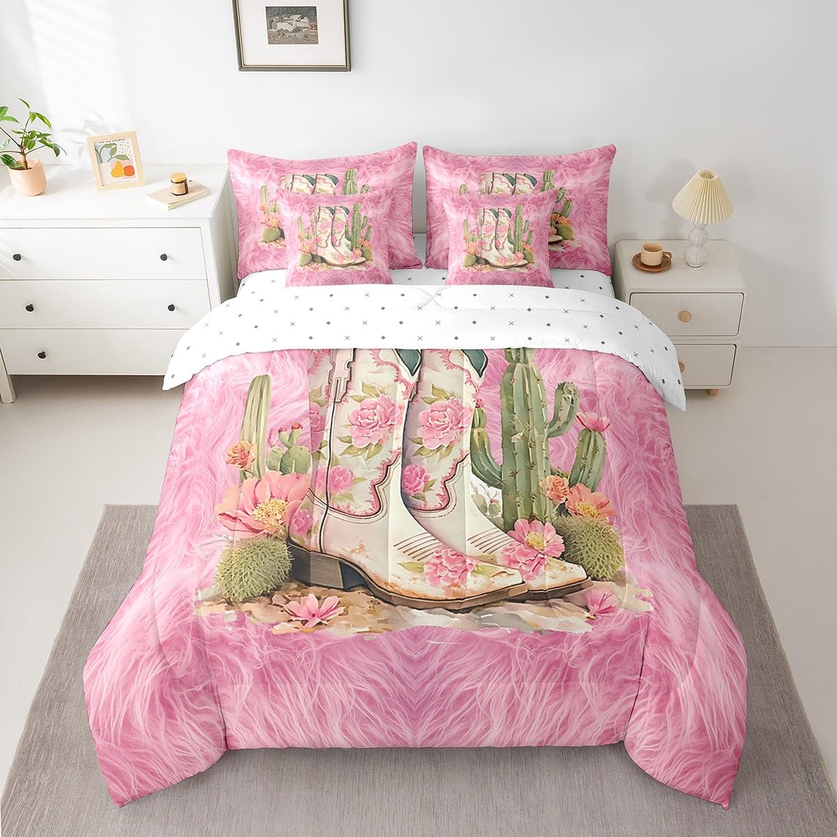 Feelyou Cowgirl Boots Comforter Set 7 Pieces Twin Size Kids, Western Pink Cow Fur Print Bedding Set Boys Girls, Floral Bed in a Bag,Comforter + Sheets + Pillowcases + Cushion Covers（No Real Fur）
