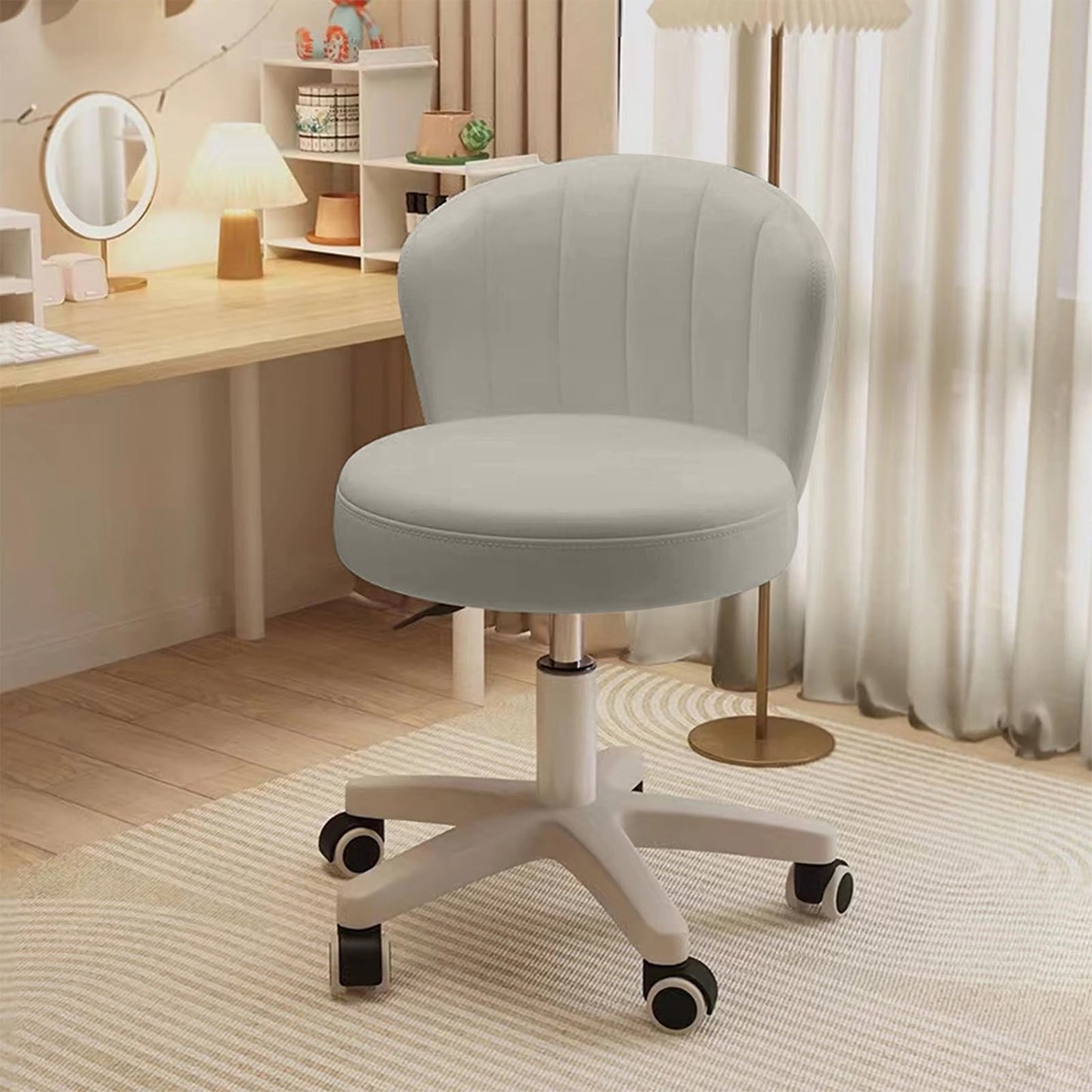 HDHNBA Small Desk Chair Round Rolling Chair with Back PU Leather Height Adjustable Swivel Vanity Work Computer Stool Chair for Home Office Bedroom