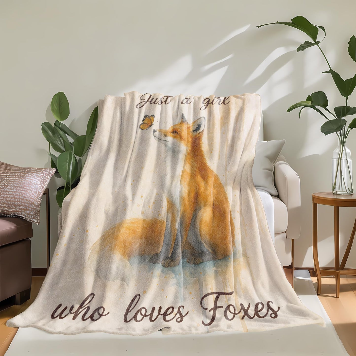 PLKRL Cute Fox Blanket, Soft Cozy Lightweight Flannel Throw Blanket for Living Room Bedroom Travel Home, Whimsical Decor, 50x60 Inch, Animal and Butterfly Blankets Gifts for Women Kids Girls