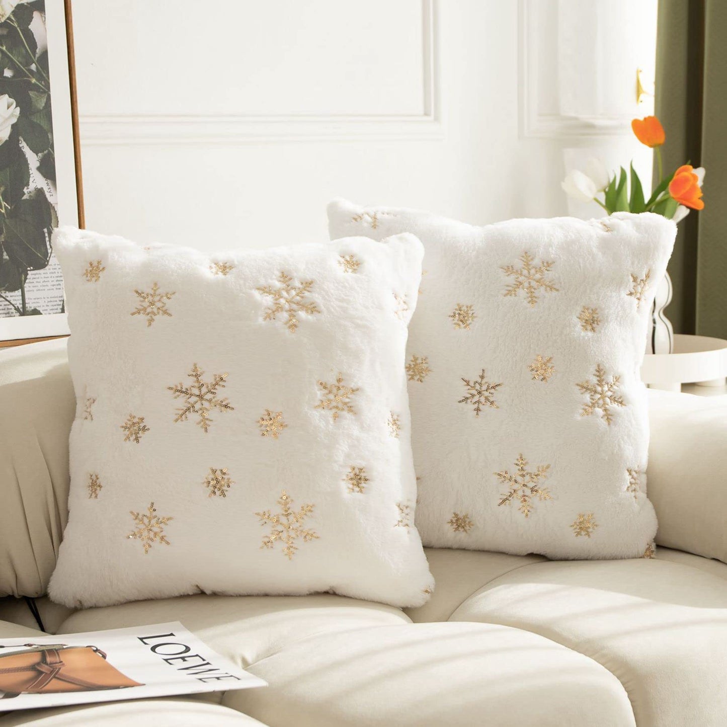 LIGICKY Set of 2 Fluffy White Faux Fur Pillow Covers with Gold Sequin Snowflakes Throw Pillows Decorative Soft Furry Sparkling Square Cushion Cases for Sofa Bedroom Party Décor, 18 x 18 inch
