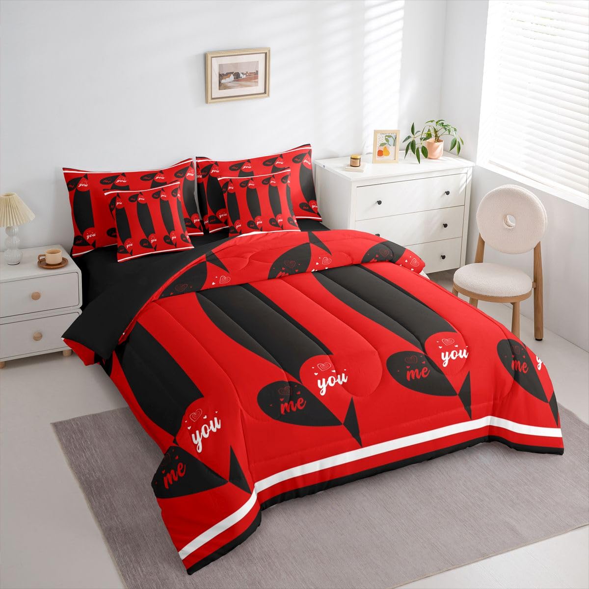 Erosebridal Love You and Me Queen Bedding Set 7 Piece Cute Love Heart Bed in A Bag with Sheets Valentine Romantic Heart Pattren Comforter Set for Women Men Adults,Couple Wedding Bed Sets
